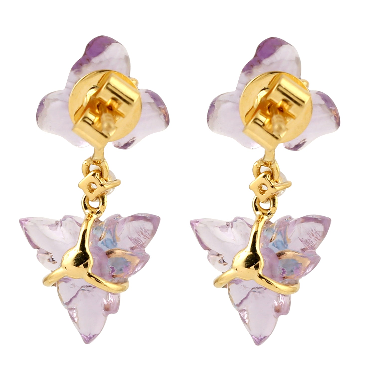 Exquisite Carved Amethyst with Blue Topaz & Sapphire Dangler Earrings in 14K Yellow Gold - Perfect for Weddings, Parties & Special Occasions