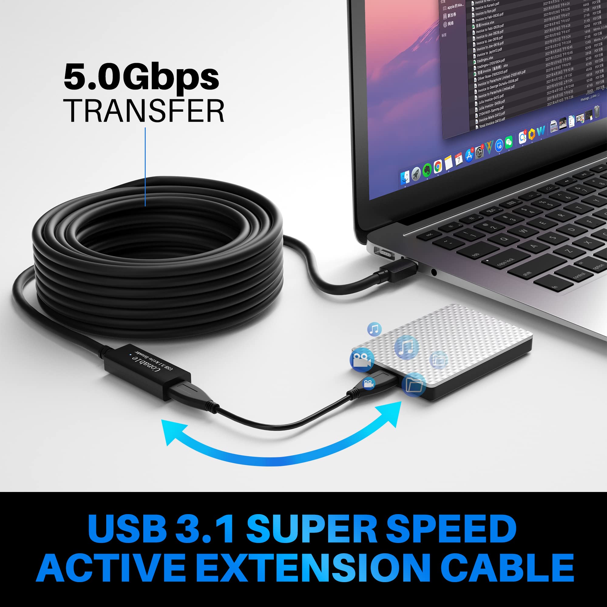50ft USB C to USB A Extension Cable - USB Type C Male to USB 3.0 Female OTG Extender with Signal Booster & AC Power Adapter (5V 2A) - Perfect for Home Office, Gaming Setup & Device Connectivity (Not for Charging/Video)