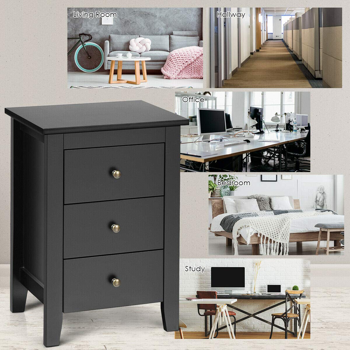 Modern Multi-Function End Table with 3 Drawers - Nightstand, Desk Cabinet & Storage Organizer | Durable Study Table for Living Room, Bedroom & Office | Space-Saving Black Side Table for Small Apartments & Workspaces