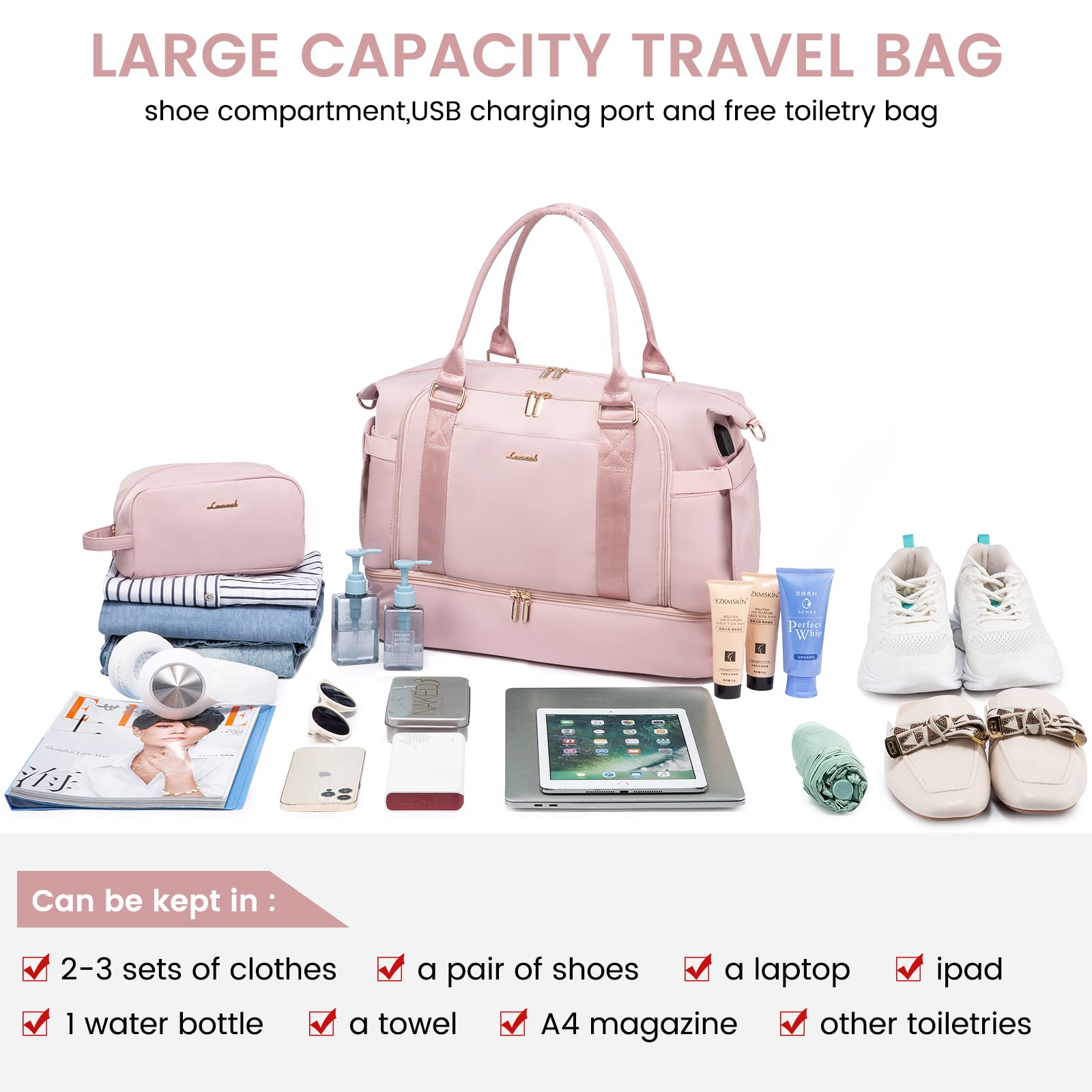 LOVEVOOK Gym Bag for Women - Travel Duffel Bag with USB Charging Port & Shoe Compartment | Weekender Overnight Bag with Toiletry Pouch | Perfect for Workout, Hospital Labor Delivery & Carry-On Travel