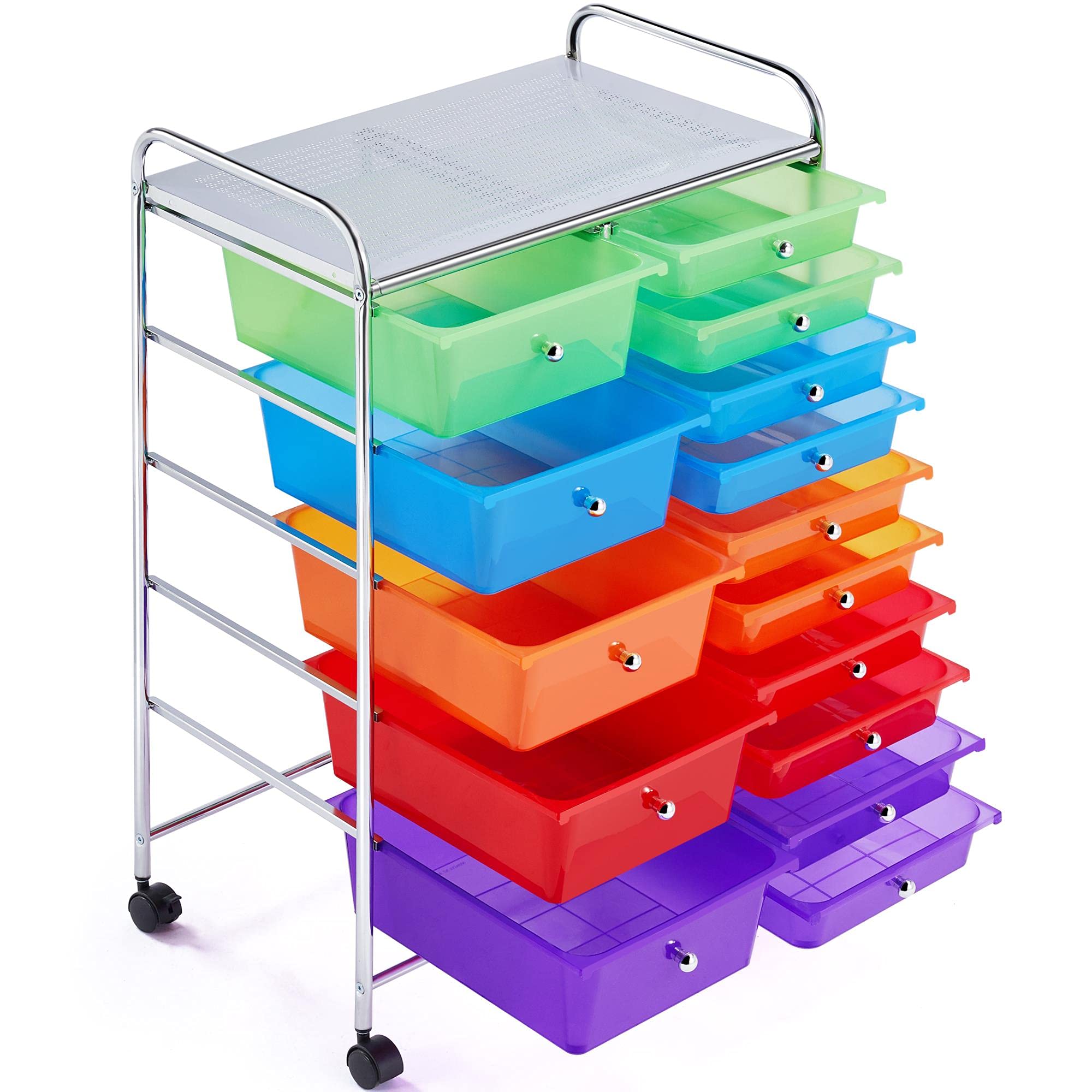 Topeakmart 15-Drawer Rolling Utility Cart - Plastic Storage Organizer with 360° Swivel Castor Wheels | Multicolor Craft Trolley for Home, Office & Workshop Organization