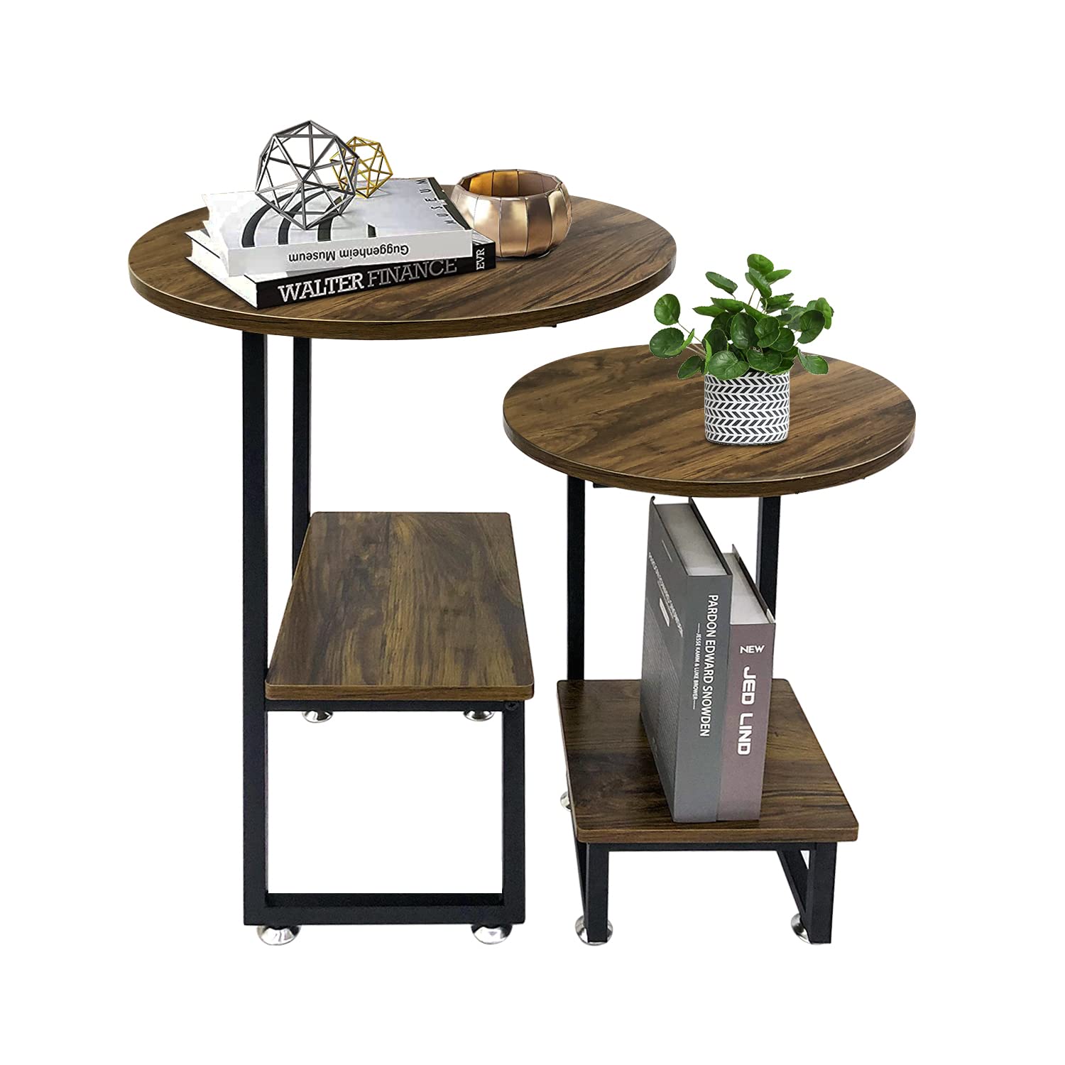 Beey Round Nesting Coffee Table Set of 2 - Farmhouse Style Wood & Metal End Tables with Sturdy Frame - Reclaimed Oak Finish - Perfect for Living Room, Balcony, or Bedroom Decor
