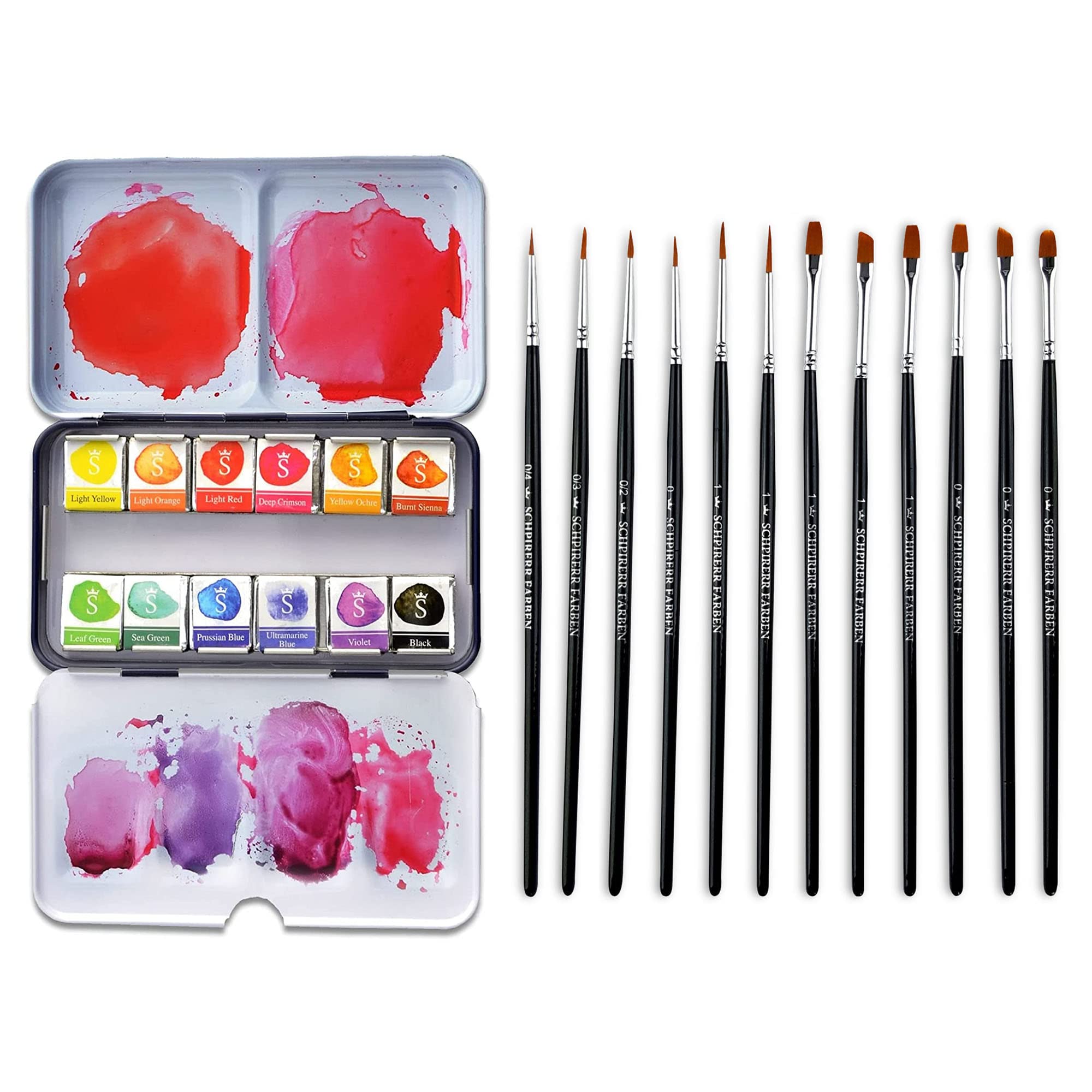 Premium SCHPIRERR FARBEN 12-Color Watercolor Paint Set with 12 Detail Paint Brushes - Complete Watercolor Kit for Beginners & Professional Artists | Ideal for Sketching, Painting, Classroom & Studio Art Projects