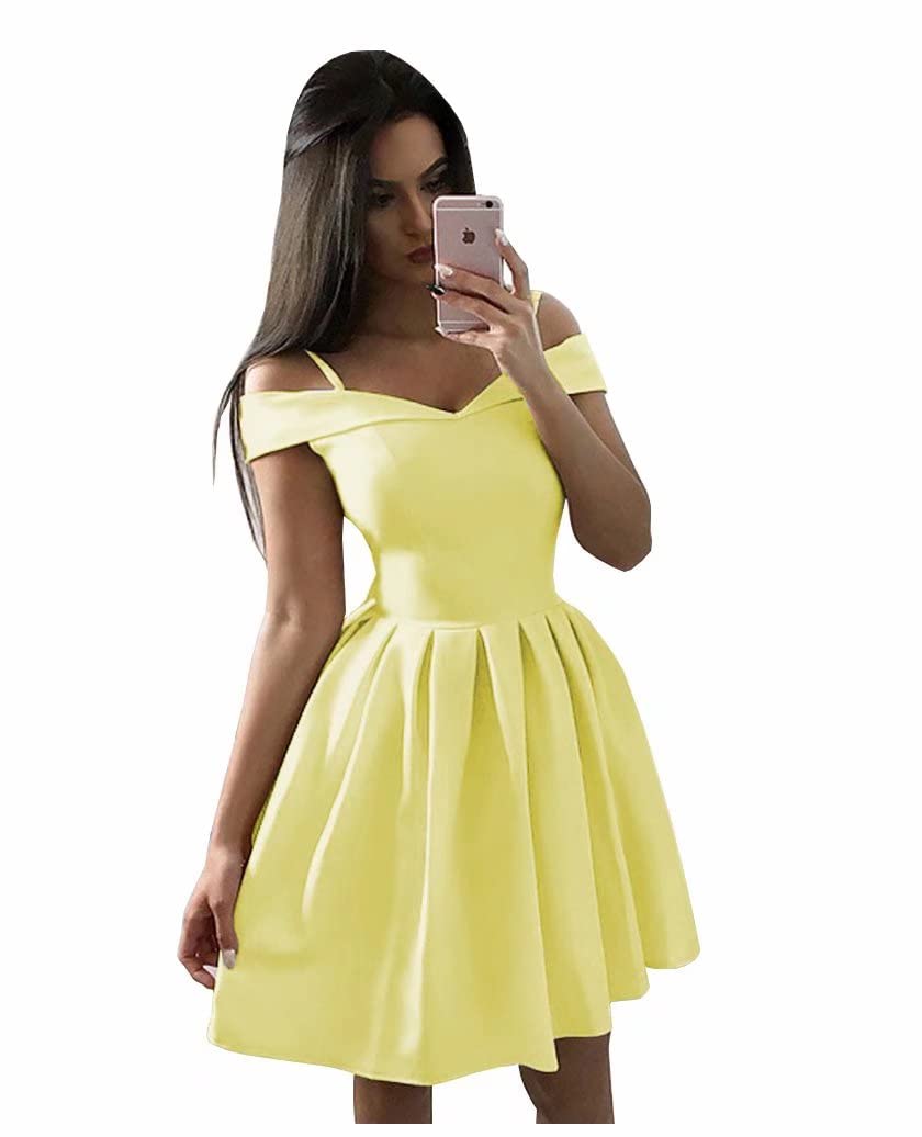 Xijun Women's Cold Shoulder Short Satin Homecoming Dress 2022 | A-Line Prom Party Dress with Pockets | Junior Formal Dress for Dances, Weddings & Special Occasions