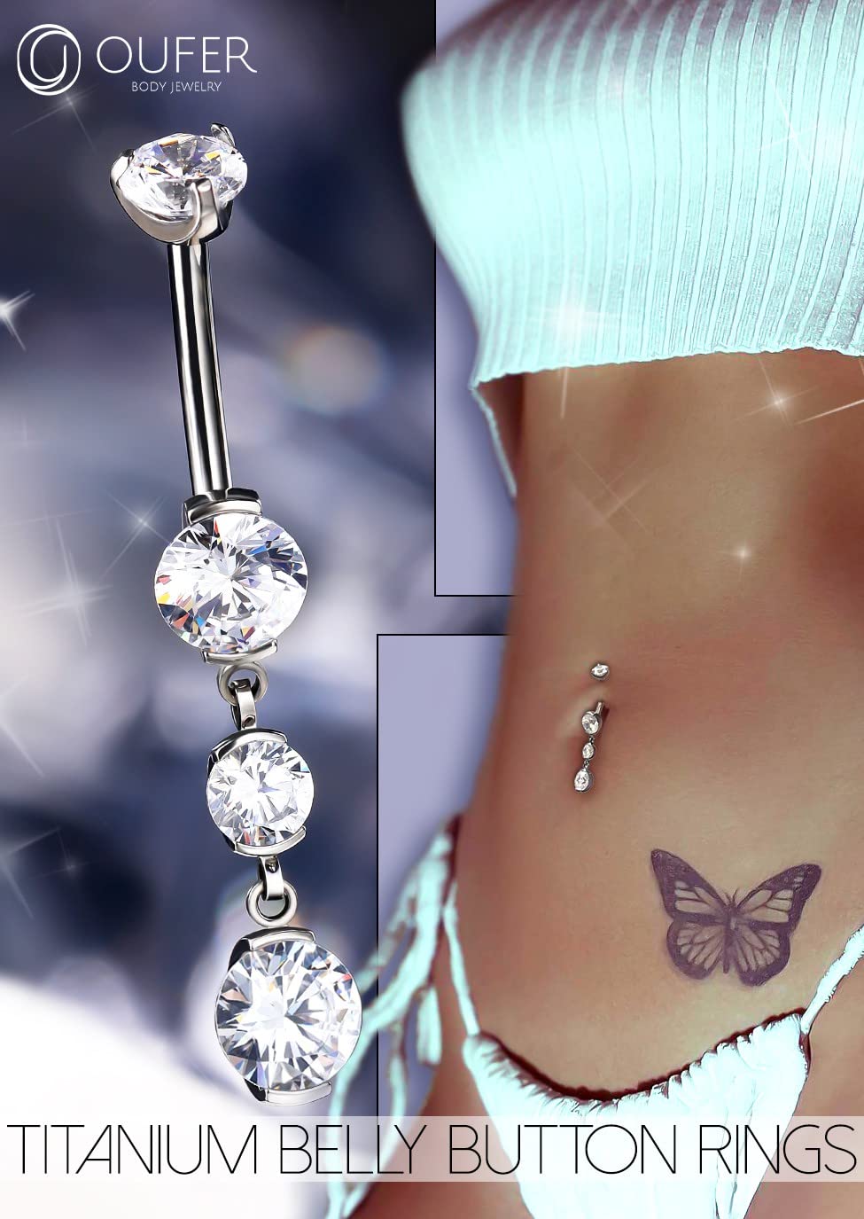 OUFER Titanium Belly Button Rings - 14G Internally Threaded Dangling Navel Piercing Jewelry with Clear CZ for Women & Men | Perfect for Everyday Wear, Parties and Body Piercing Fashion