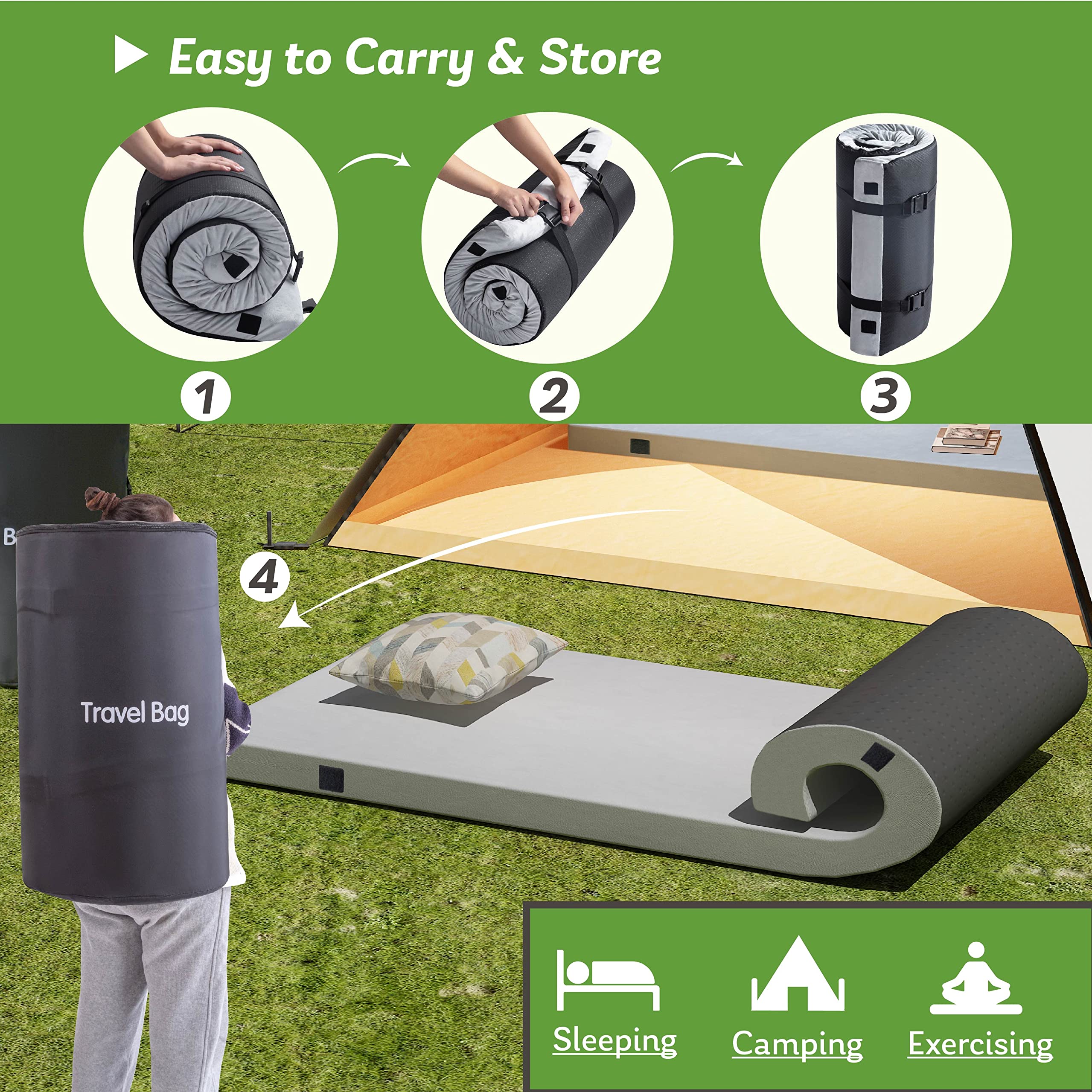 2.5 Inch Memory Foam Camping Mattress - Twin XL Portable Roll Up Sleep Topper with Waterproof & Non-Slip Bottom, Folding Camping Car Mat with Travel Storage Bag (79