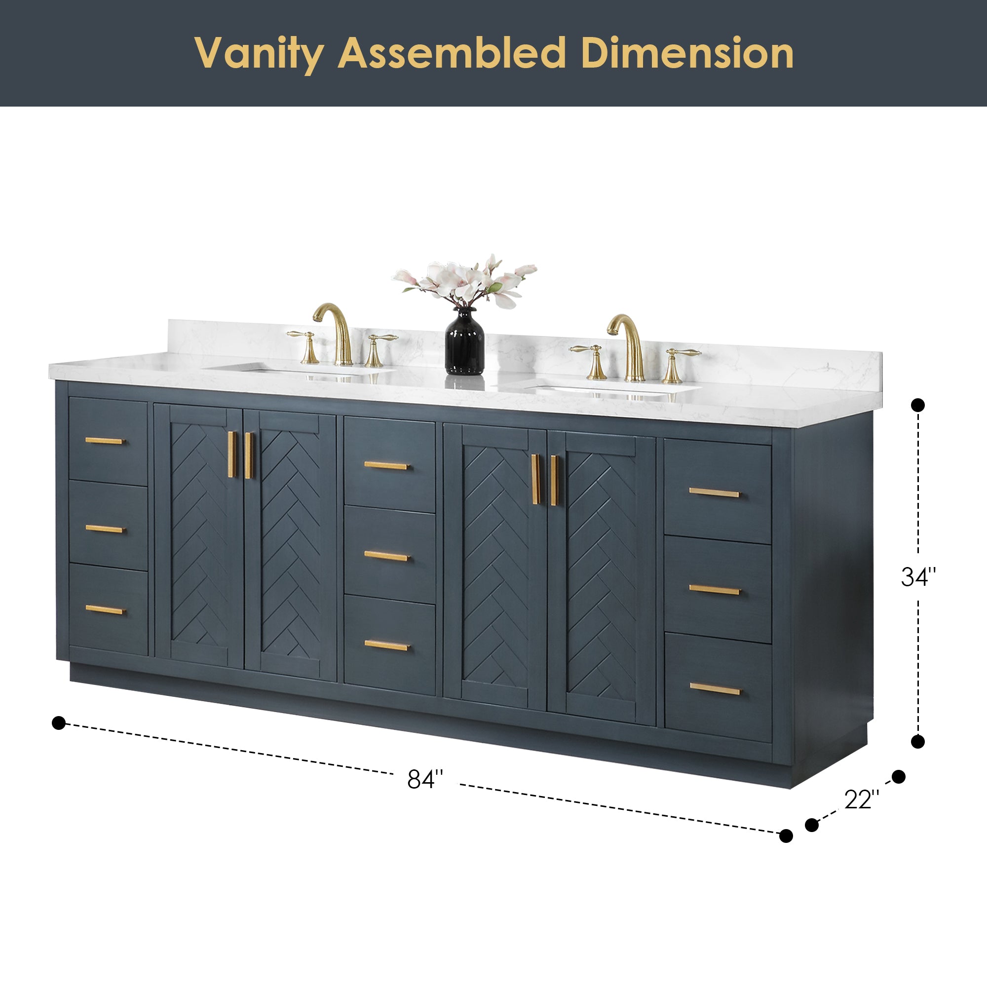 Gazsi 84 Inch Double Bathroom Vanity Set with White Engineered Stone Countertop - Modern Bathroom Storage Solution for Master Bath & Guest Bathrooms