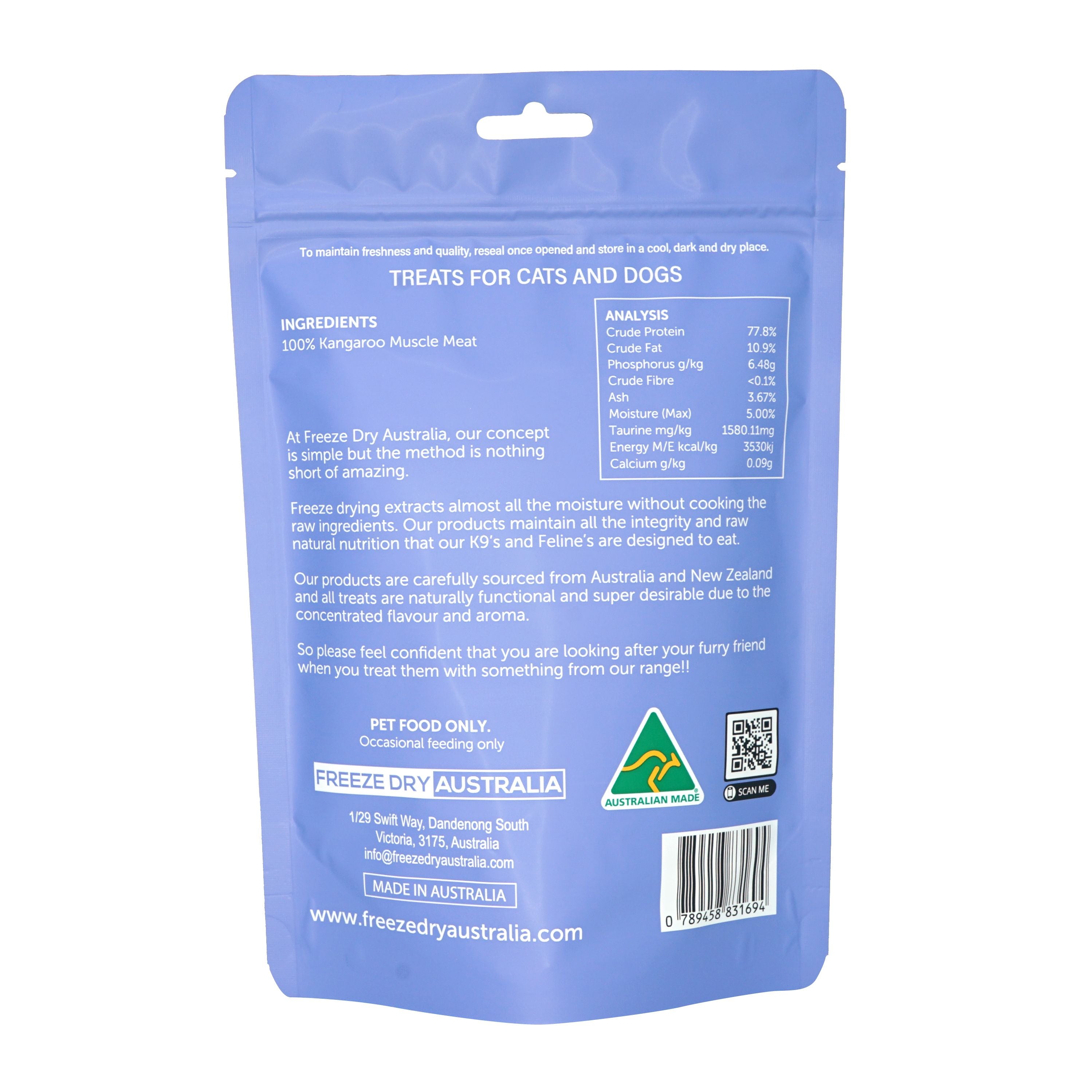 Freeze Dried Kangaroo Dog Treats & Cat Snacks - 100% Natural Australian Kangaroo Meat, Grain-Free, High Protein Pet Food - Perfect for Training Rewards & Dental Health Care