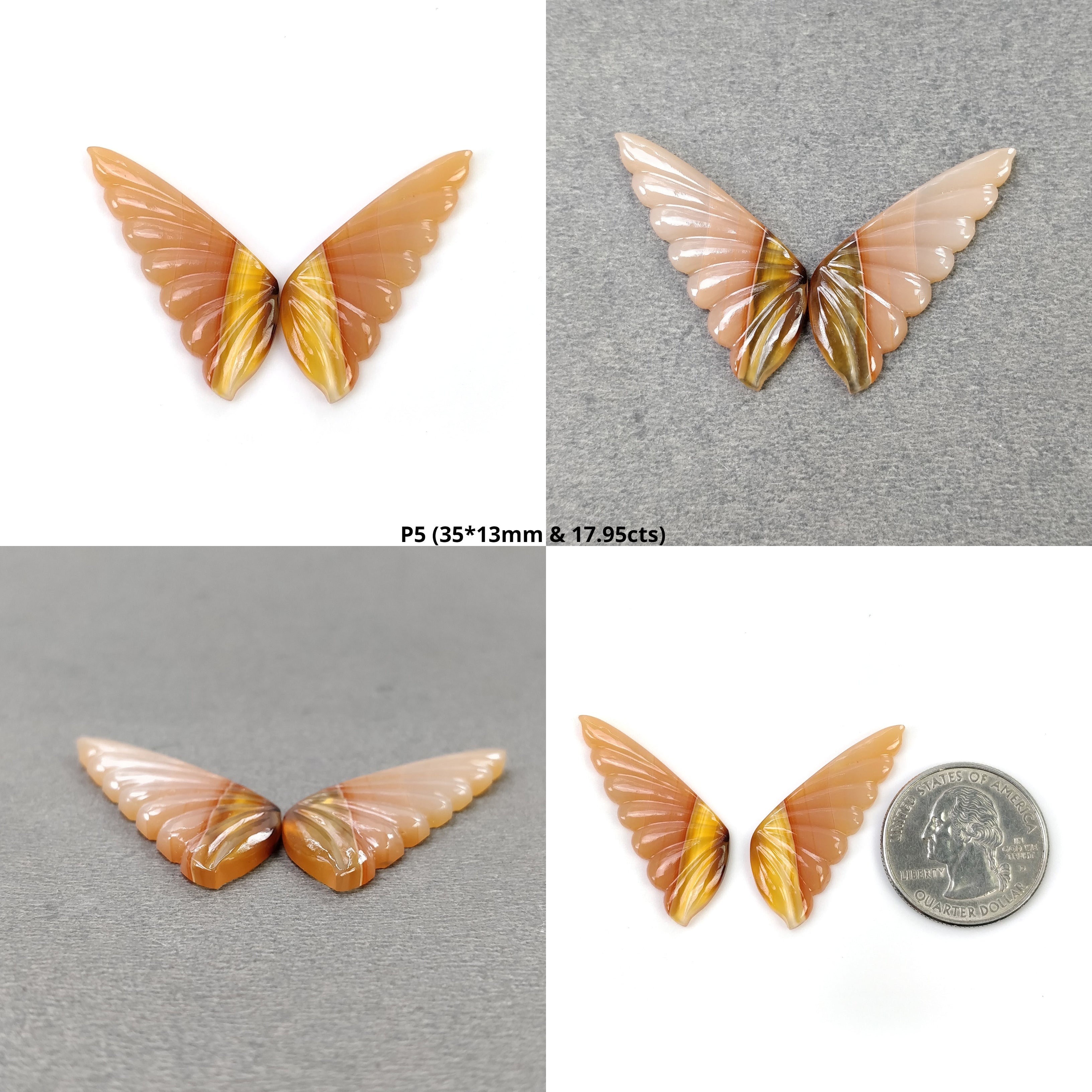 Natural Untreated Botswana Striped Agate Gemstone Carving - Hand Carved Bi-Color Agate Butterfly Pendant (29x13mm & 35x13mm Pair) for Jewelry Making, Meditation & Spiritual Healing