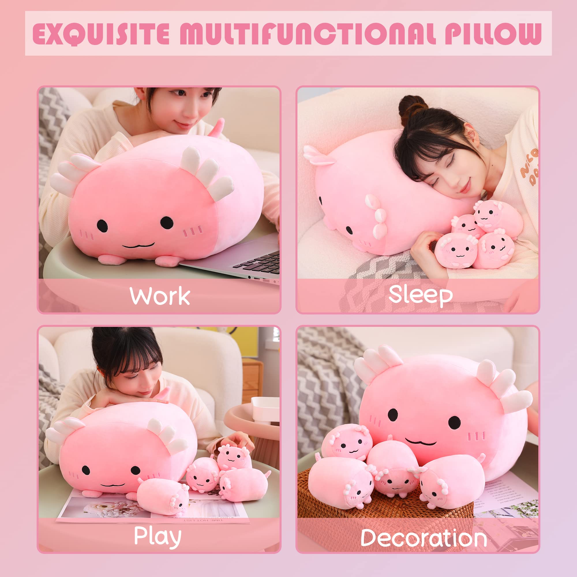 SQEQE Axolotl Plush Stuffed Animal Toy - Adorable Pink Salamander Pillow with 4 Baby Axolotls in Tummy, Perfect Gift for Girls & Kids | Cute Nursery Decor, Birthday Present, Comfort Toy for Bedtime & Playtime