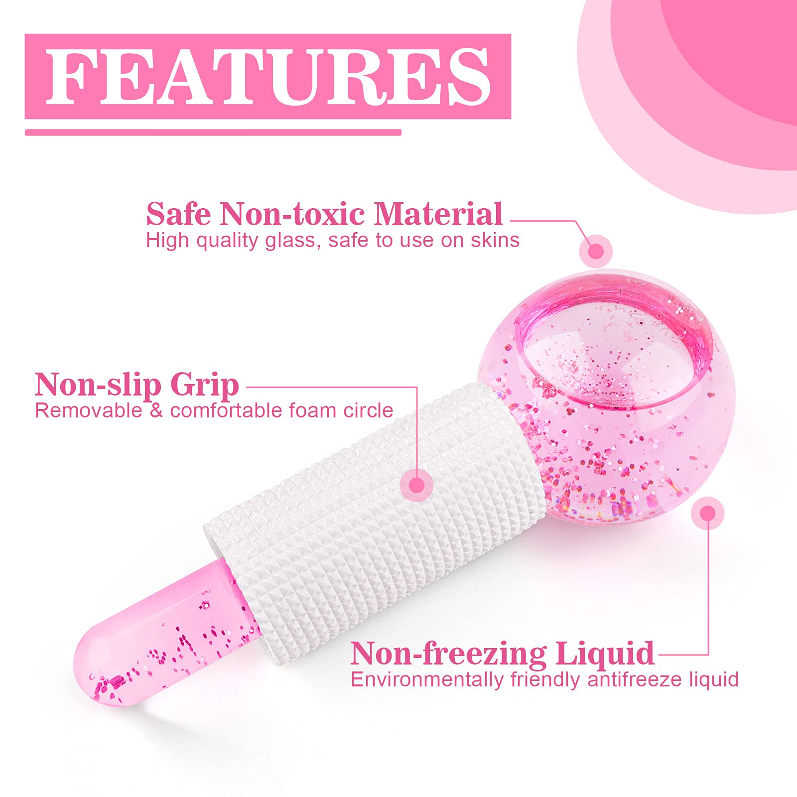 Qhou Ice Globes & Ice Roller for Face & Eye Puffiness Relief - Cooling Facial Massager for Dark Circles, Pores & Skin Tightening - Pink | Skincare Tools for Beauty Routine, Morning Routine & Spa Day