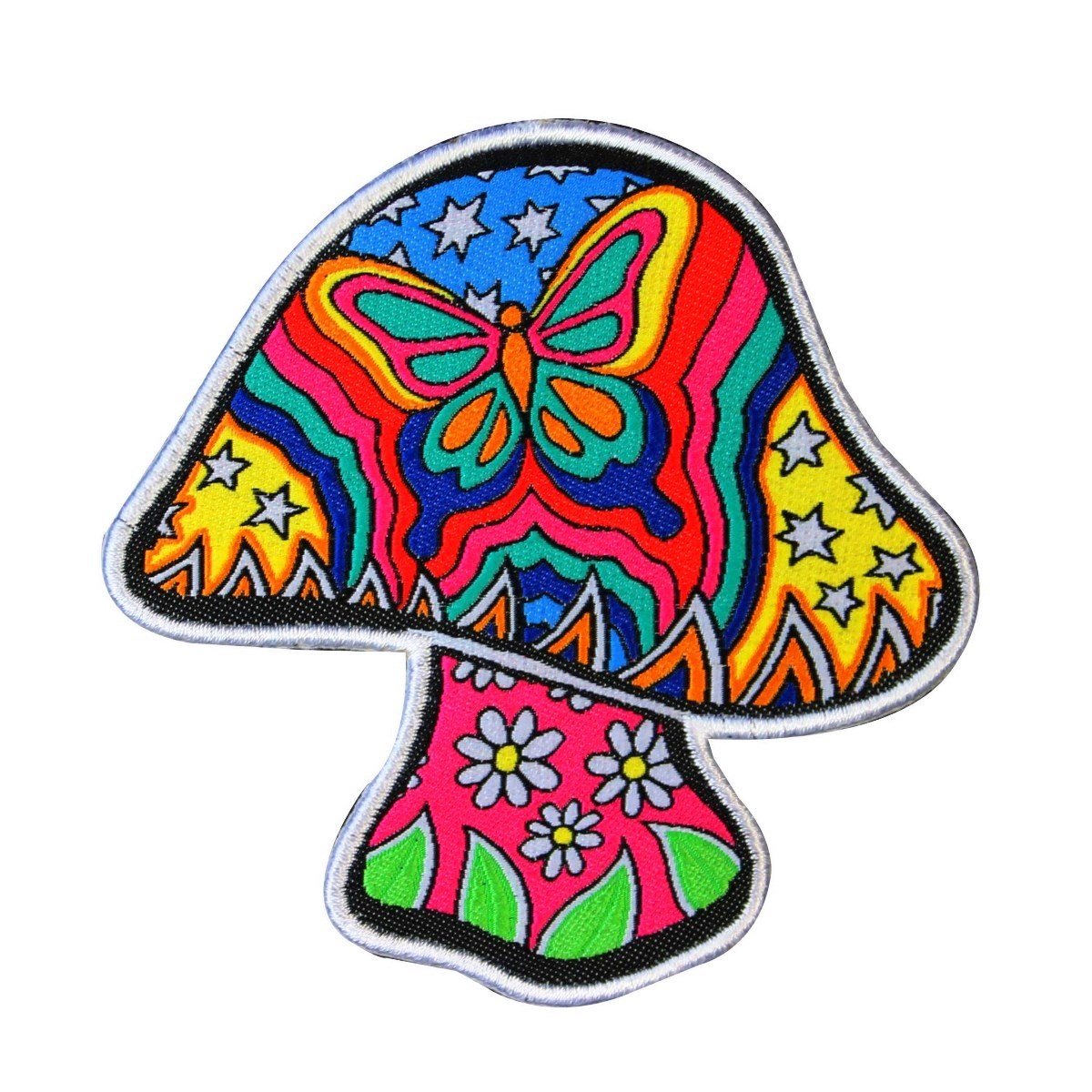 Psychedelic Butterfly Mushroom Iron-On Patch by Dan Morris - Hippie Woven Applique for Jackets, Bags & DIY Crafts