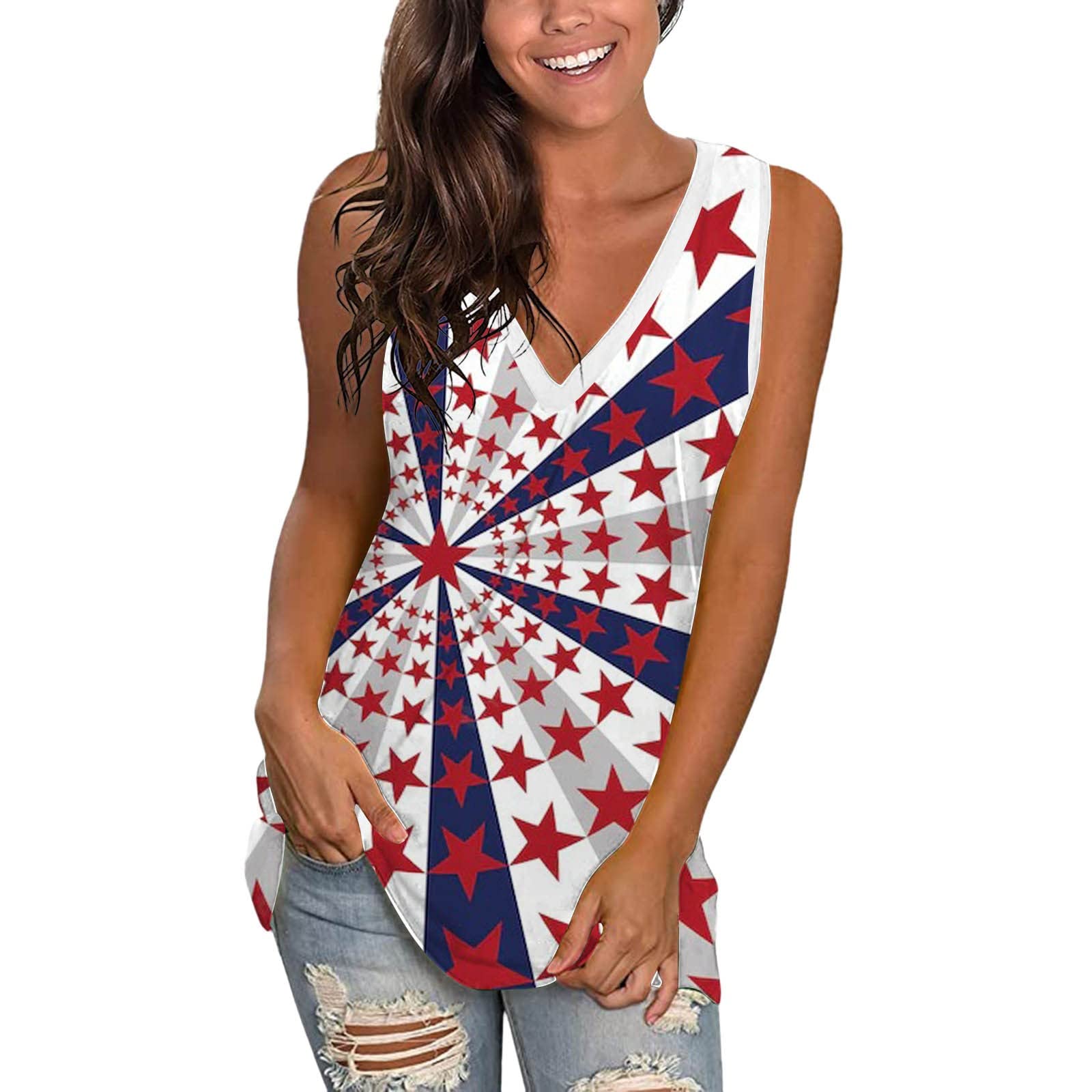 USA Flag Print Women's Summer Tank Tops - V-Neck Sleeveless Basic T-Shirts & Casual Tops for Beach, Fourth of July & Patriotic Outfits