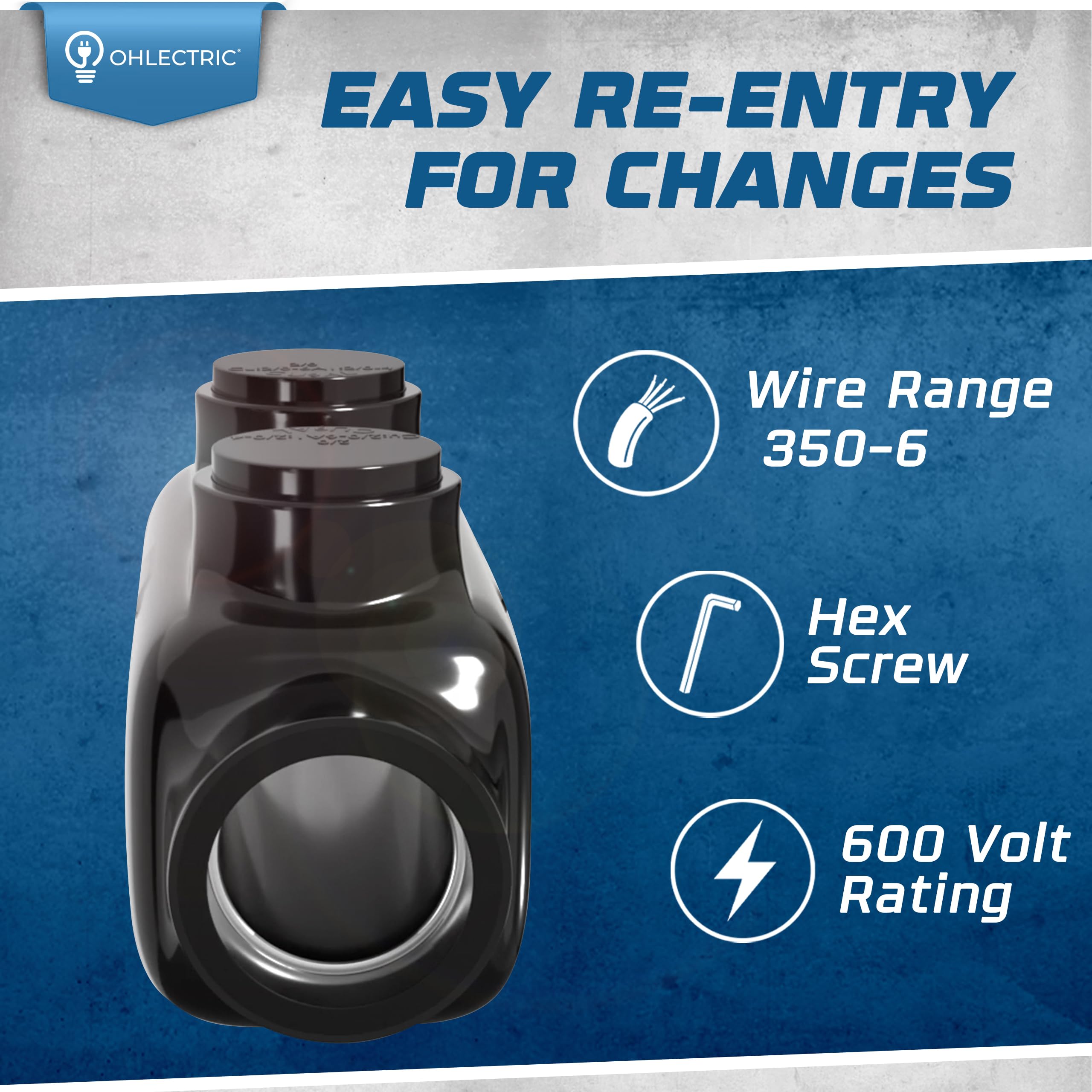 OHLECTRIC Insulated Wire Connector - Inline Black Splice for 350-6 Wire Range, 3/8