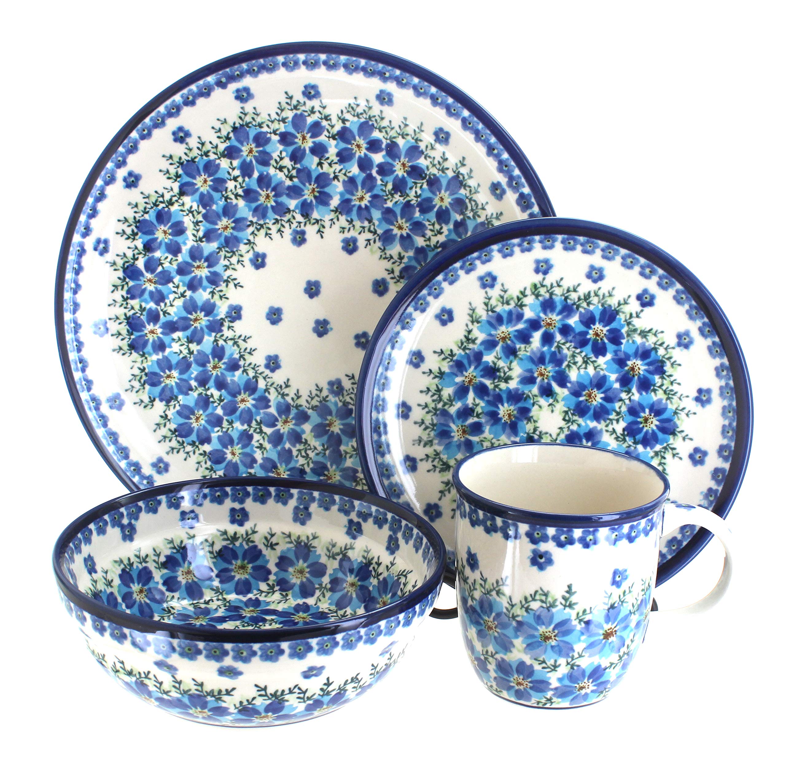 Blue Rose Polish Pottery Kalina 16-Piece Dinnerware Set - Elegant Floral Design for Dining, Entertaining & Special Occasions