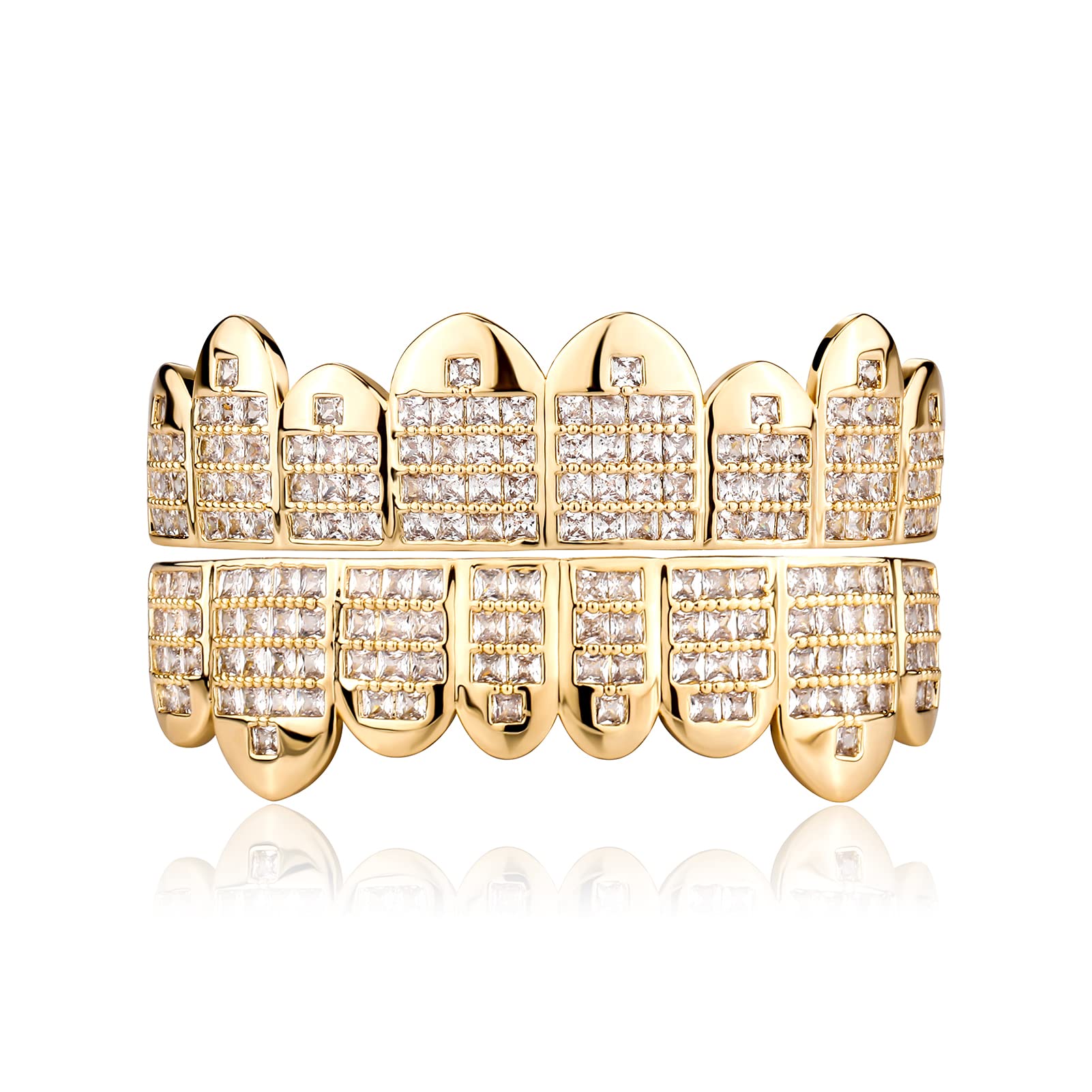 14K Gold Plated Hip Hop Grillz for Teeth - Princess Cut Diamond & Cubic Zirconia Iced Out Mouth Grill for Men & Women (8 Top & 8 Bottom Teeth) with Extra Molding Bars - Perfect for Rap Performances, Music Videos, and Streetwear Fashion