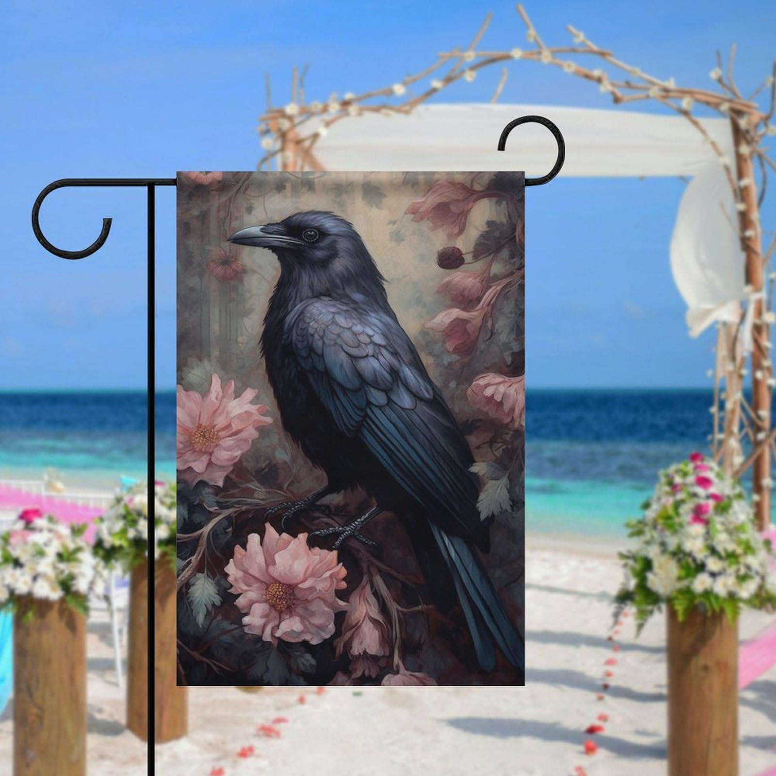 Gothic Halloween Raven Flower Garden Flag - Double Sided Black Crow Yard Flag 12x18 Inch for Outdoor Seasonal Holiday Decoration | Perfect for Front Porch, Lawn, and Home Decor