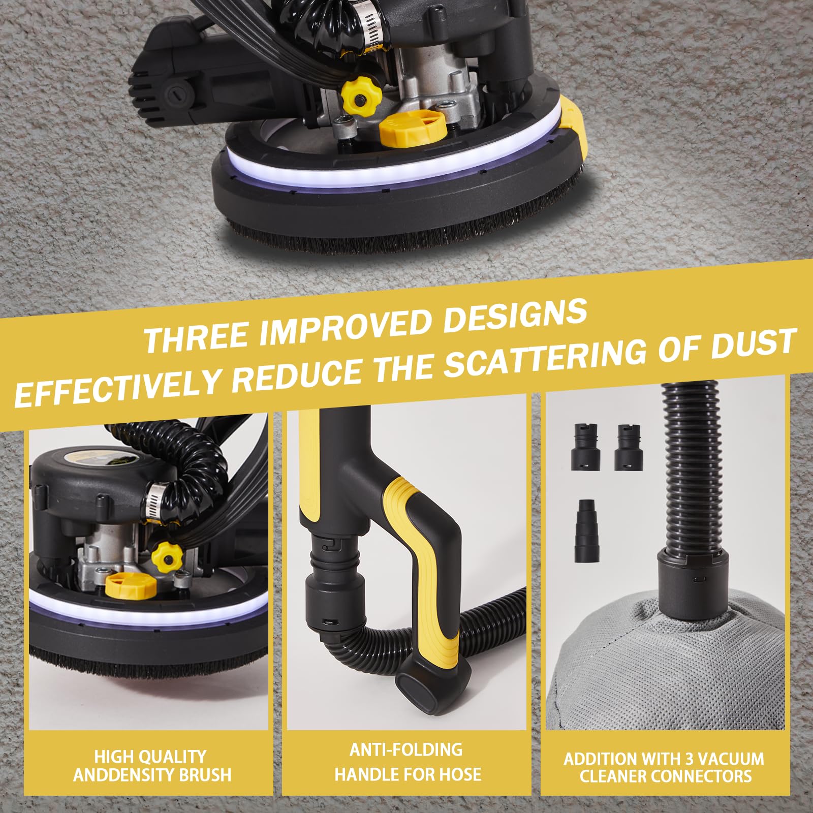 780W Electric Drywall Sander with Vacuum Dust Collection - 6.5A Dustless Floor Sander, Variable Speed 900-1800RPM, LED Light & Extendable Handle - Perfect for Drywall Repair, Home Renovation and Professional Construction Projects