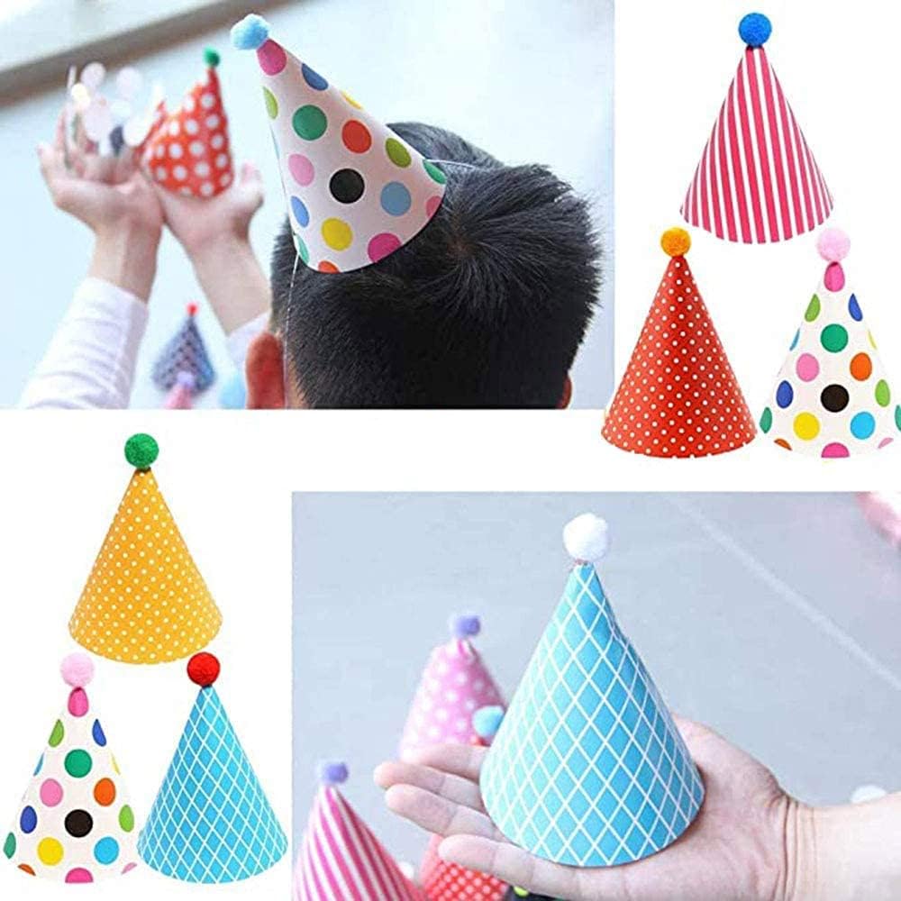 ELakiss 11-Piece Birthday Party Cone Hats Set with Pom Poms - Colorful Paper Cone Hats & Crowns for Kids and Adults (9 Hats + 2 Crowns) - Perfect for Birthday Parties, Baby Showers & Festive Celebrations