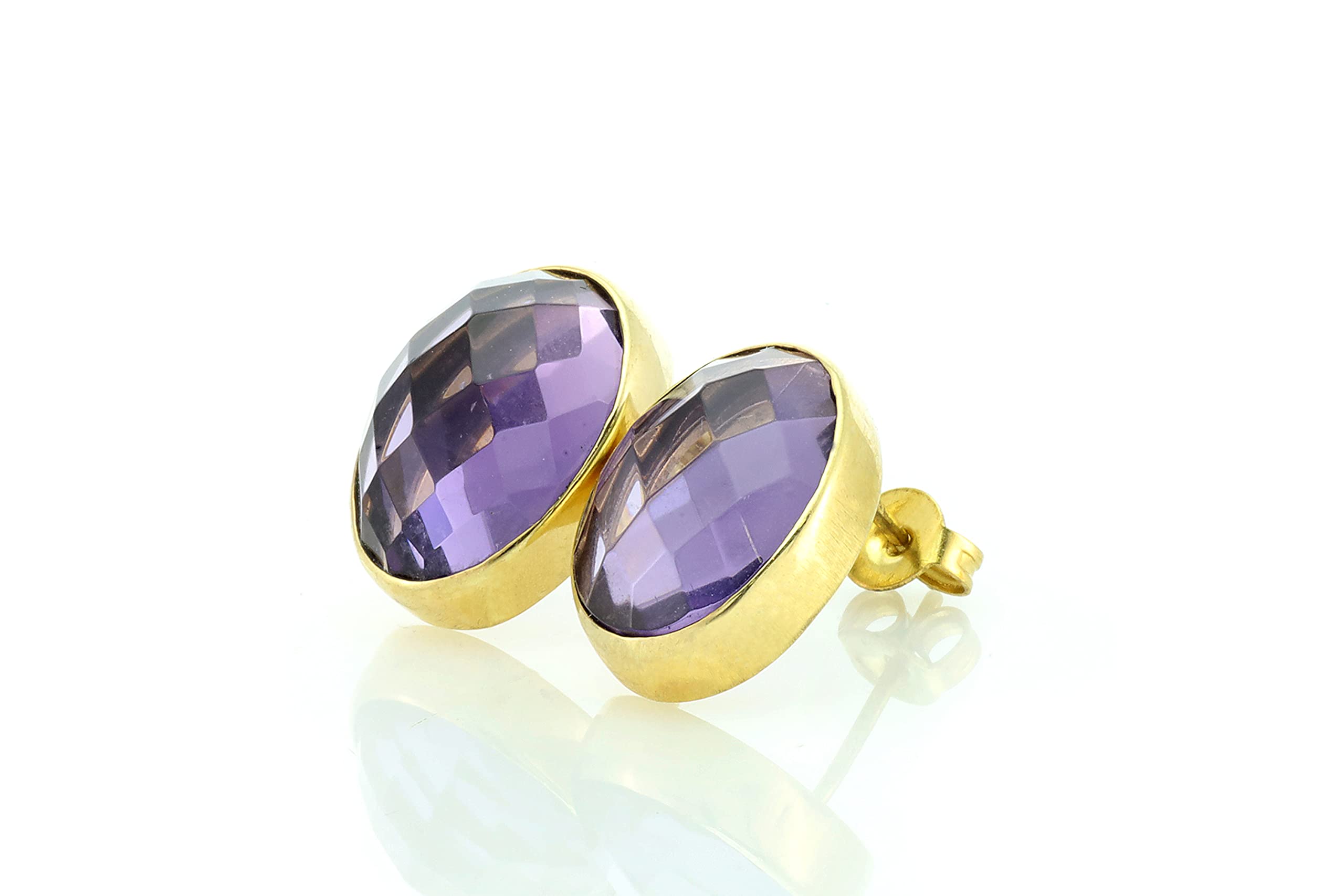 Bezel Set Oval Amethyst Gold Earrings - February Birthstone Stud Earrings in 14K Gold Vermeil - Minimalist Purple Gemstone Jewelry for Women | Perfect for Valentine's Day Gifts, Bridesmaid Presents & Everyday Boho Style