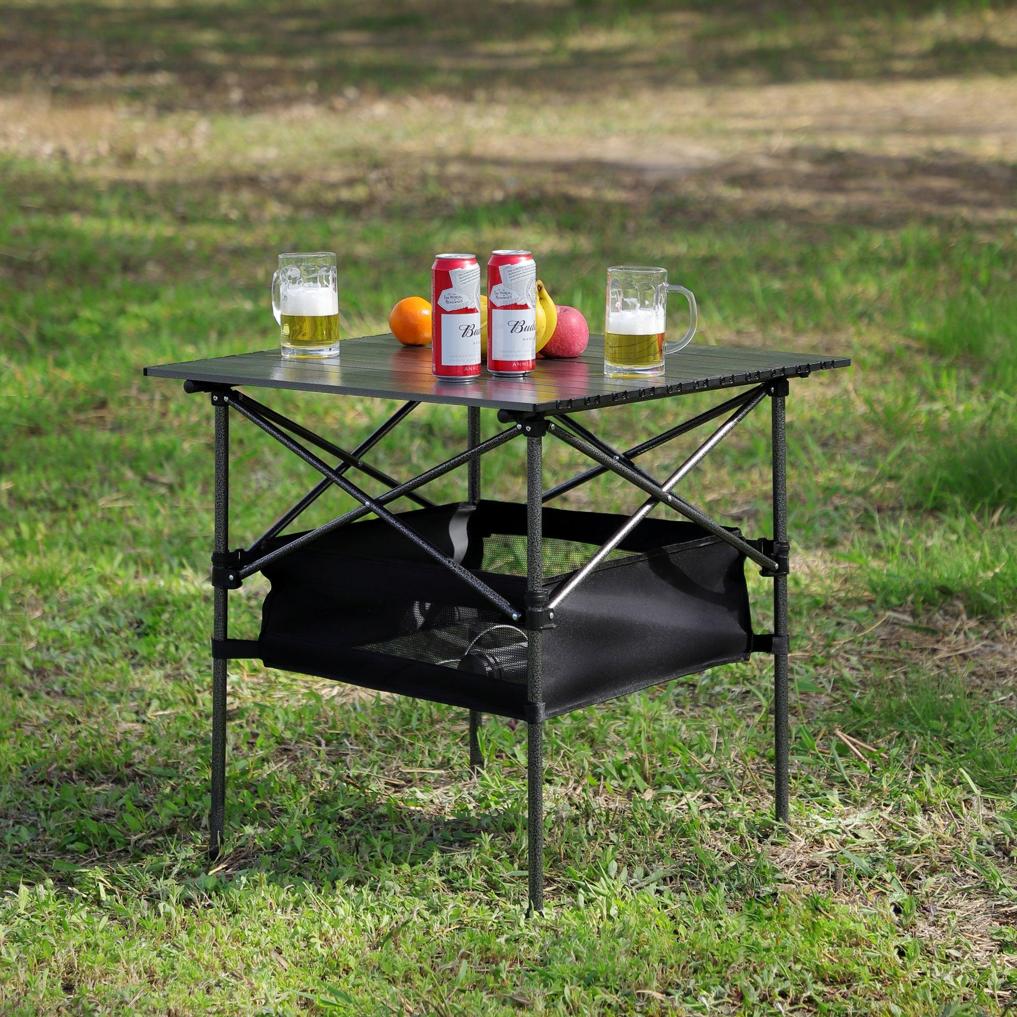 Lightweight Aluminum Folding Outdoor Table with Carrying Bag - Portable Roll Up Square Table for Camping, Picnics, Beach, BBQ, Backyard, Party (27.56x27.56x27.56 Inches, Black) - Perfect for Travel, Tailgating & Outdoor Adventures