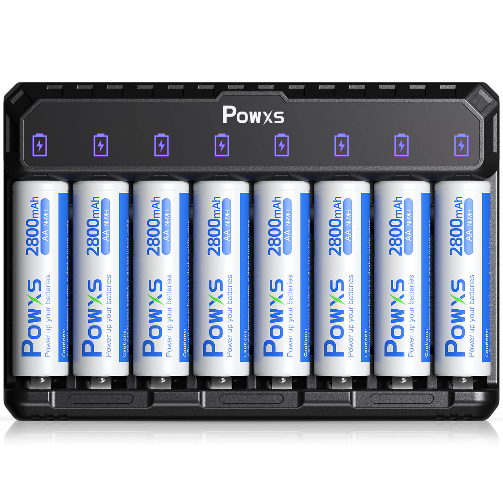 POWXS Rechargeable AA Batteries 2800mAh - 8-Slot LCD Smart Charger Included - High Capacity NiMH Batteries for Cameras, Flashlights, Toys & More - Perfect for Home, Office & Travel Use