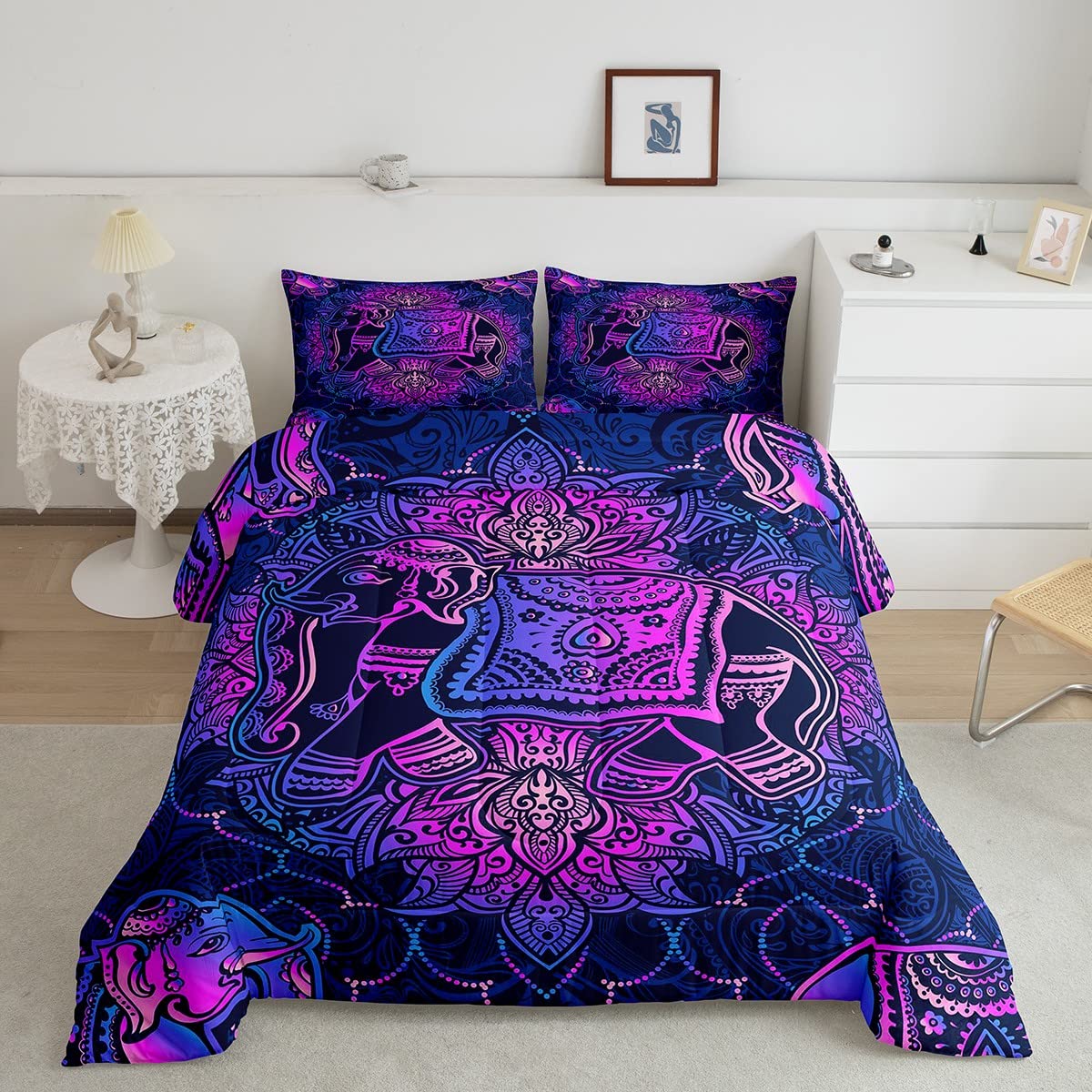 Exotic Bohemian Elephant Bedding Set Twin - Trippy Mandala Floral Duvet Cover & Comforter for Kids Room, Ethnic Wildlife Quilted Tribal Western Animal Print Boho Decor in Purple & Blue | Perfect for Nursery, Teen Bedroom & Bohemian Home Decor