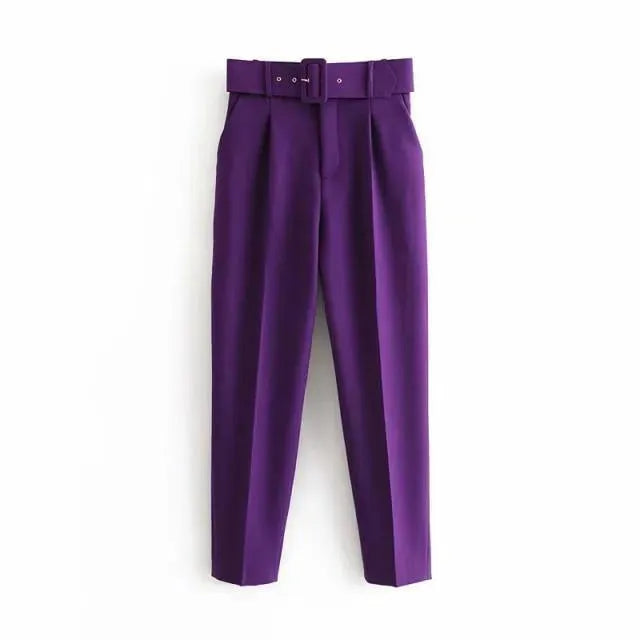 Stylish Belted High Waisted Pants for Women - Comfortable Tummy Control Slim Fit Trousers - Perfect for Office, Casual Wear & Night Out