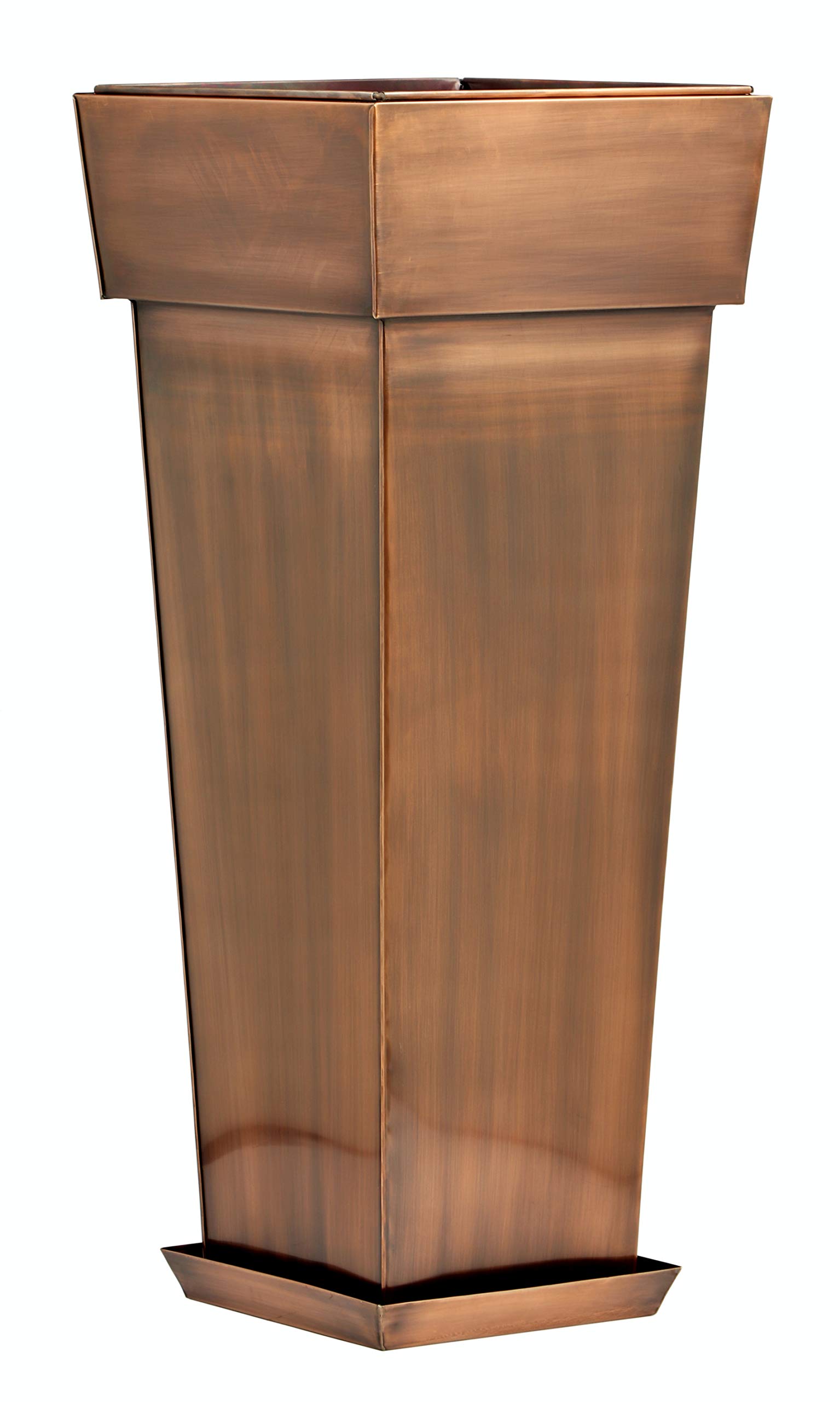 Large Stainless Steel Tall Planter with Tray - Antique Copper Outdoor/Indoor Flower Pot for Garden, Porch, Patio, Entryway & Hallway Decor | Durable Metal Garden Urn for Plants
