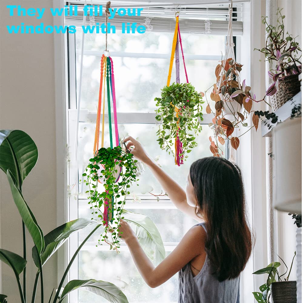 Rainbow Macrame Plant Hangers - Set of 2 Handmade Cotton Rope Hanging Plant Holders with 4 Hooks for Indoor & Outdoor Boho Decor | Perfect for Living Room, Bedroom, Balcony & Garden Plant Display