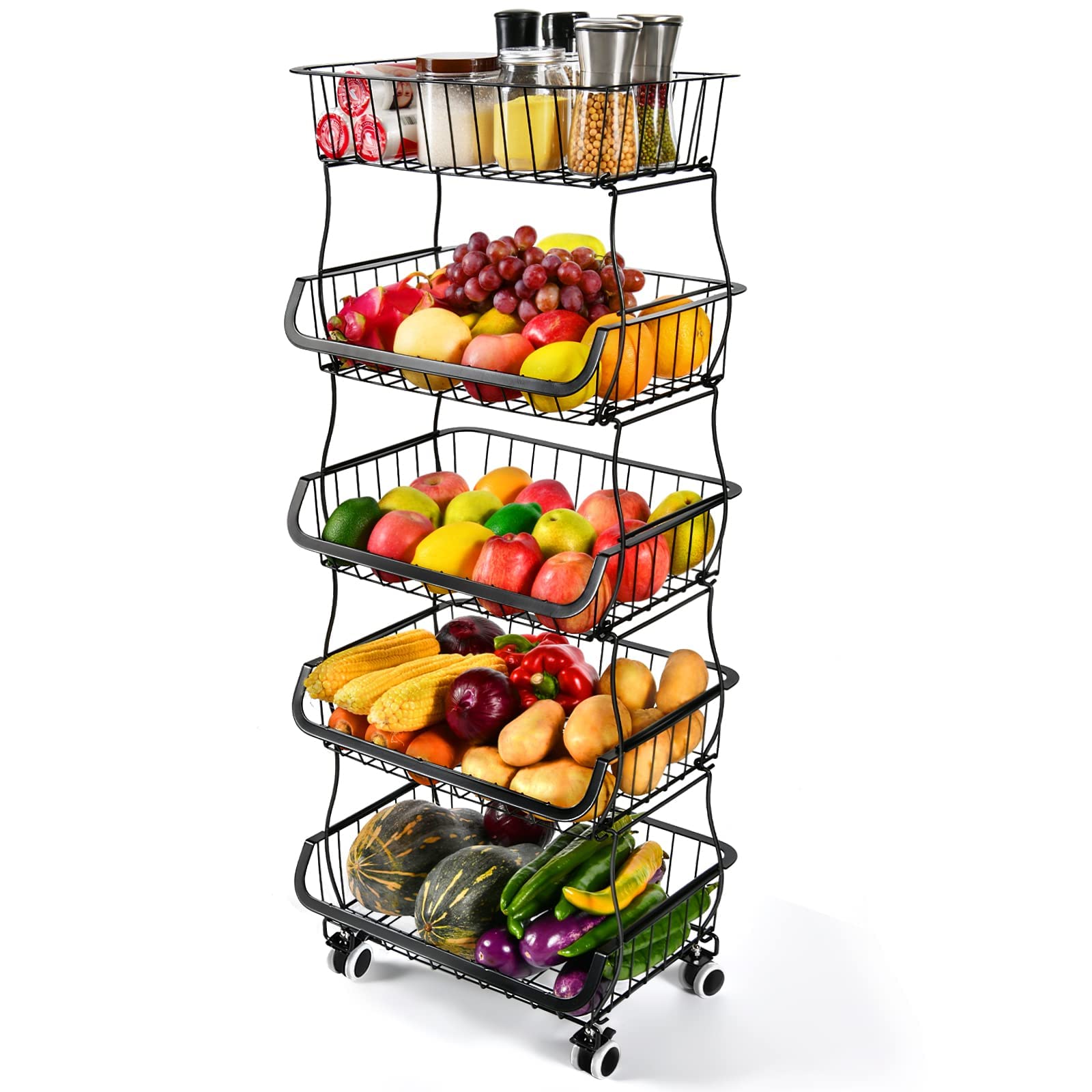 5-Tier Stackable Metal Wire Storage Basket with Wheels - Fruit & Vegetable Organizer for Kitchen, Pantry, Bathroom - Perfect for Fresh Produce Storage, Grocery Organization, and Home Decor