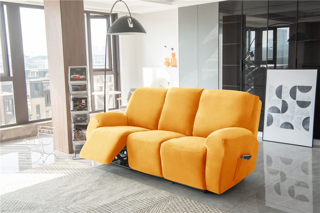 Velvet Recliner Sofa Slipcover - 8 Piece Stretch Furniture Protector for 3 Cushion Reclining Couch with Side Pockets | Machine Washable | Perfect for Living Room, Home Theater & Family Room Comfort