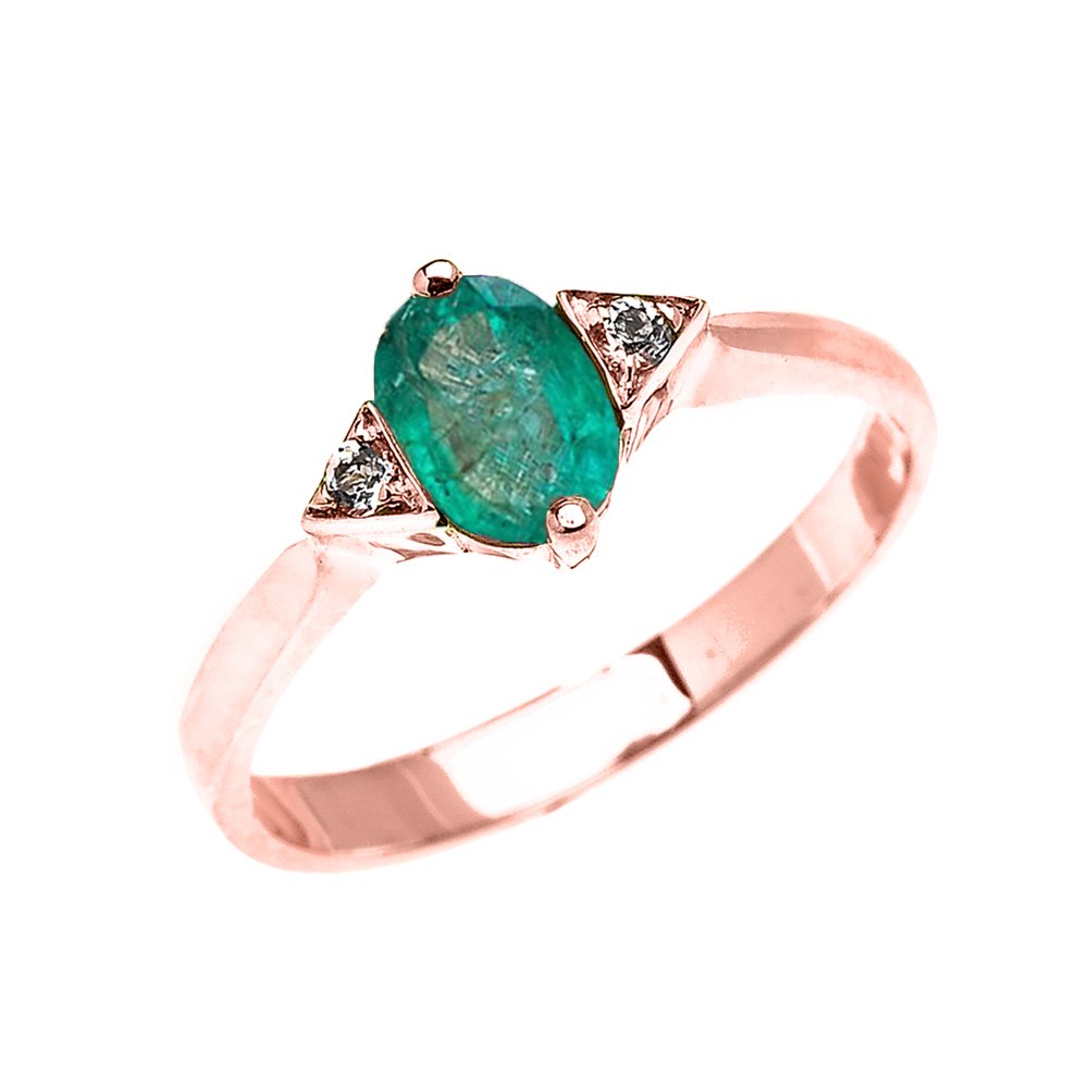 14K Rose Gold Solitaire Emerald and White Topaz Engagement Ring for Women - Elegant Proposal Jewelry Gift for Her, Perfect for Weddings, Anniversaries & Special Occasions