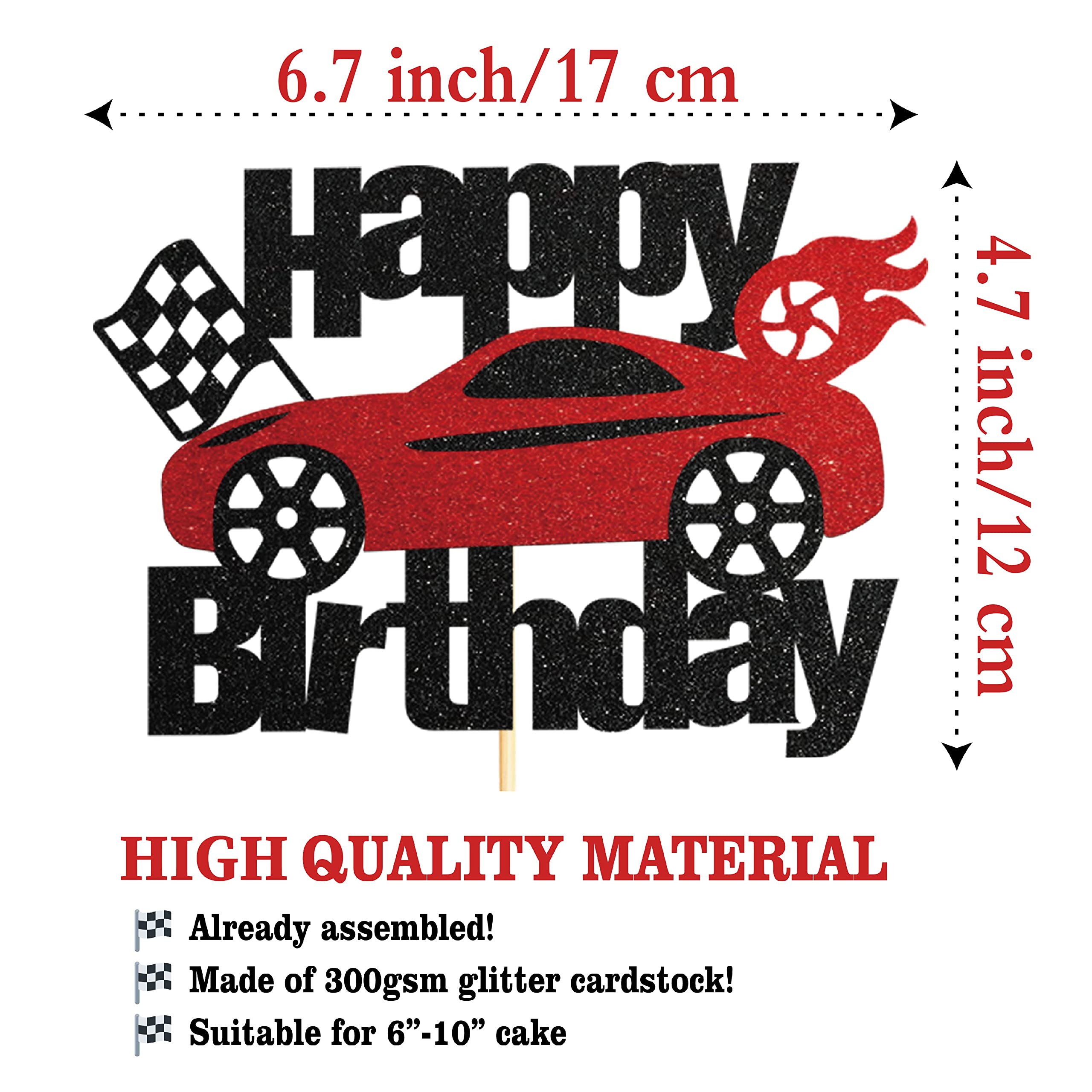 Siipoo Glitter Car Birthday Cake Topper - Black Red Glitter Race Car Decor for Race Car Themed Party Supplies, Perfect for Kids' Birthday Cakes and Decorations