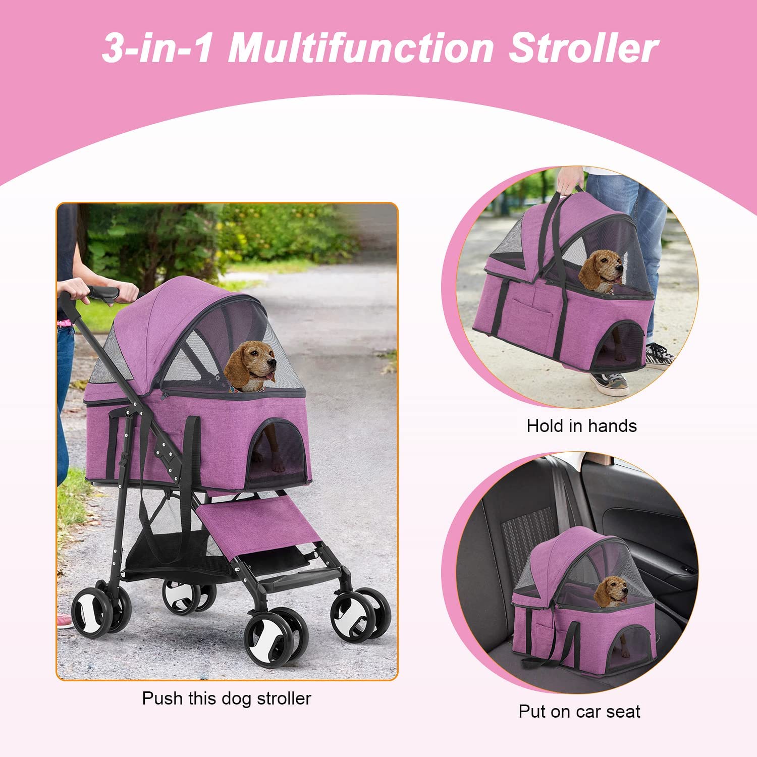 Premium 3-in-1 Foldable Waterproof Pet Stroller for Dogs & Cats - Lightweight Travel & Jogging Carrier for Small/Medium Pets (Pink) | Perfect for Park Walks, Vet Visits & Outdoor Adventures