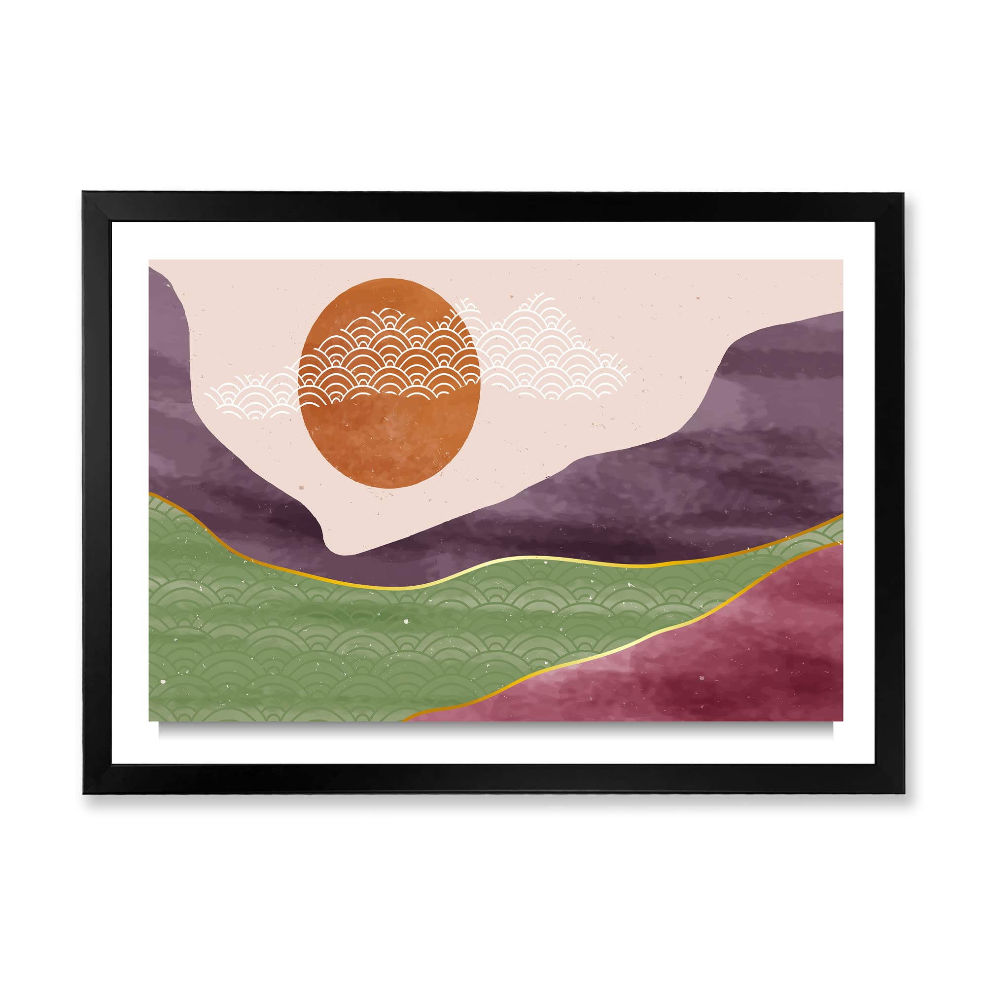 Abstract Landscapes Wall Art - Mountain Moon & River Modern Framed Canvas Painting for Living Room, Bedroom & Office Decor