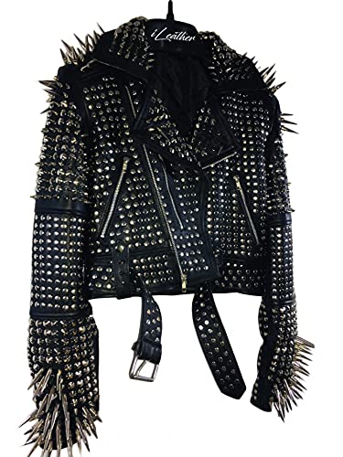 Steampunk Black Leather Motorcycle Jacket for Women - Long Spike Studded Biker Jacket with YKK Zipper | Gothic Fashion, Punk Style Outerwear (5XL) - Perfect for Motorcycle Riding, Concerts & Alternative Fashion
