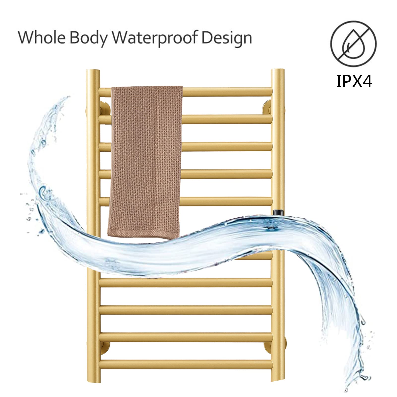 Premium 10-Bar Stainless Steel Electric Heated Towel Warmer with Built-in Timer & Temperature Control - Gold Bathroom Towel Rack for Spa-Like Luxury, Fast Drying & Warm Towels - Perfect for Bathrooms, Master Suites & Luxury Hotels (Hardwired Installation)
