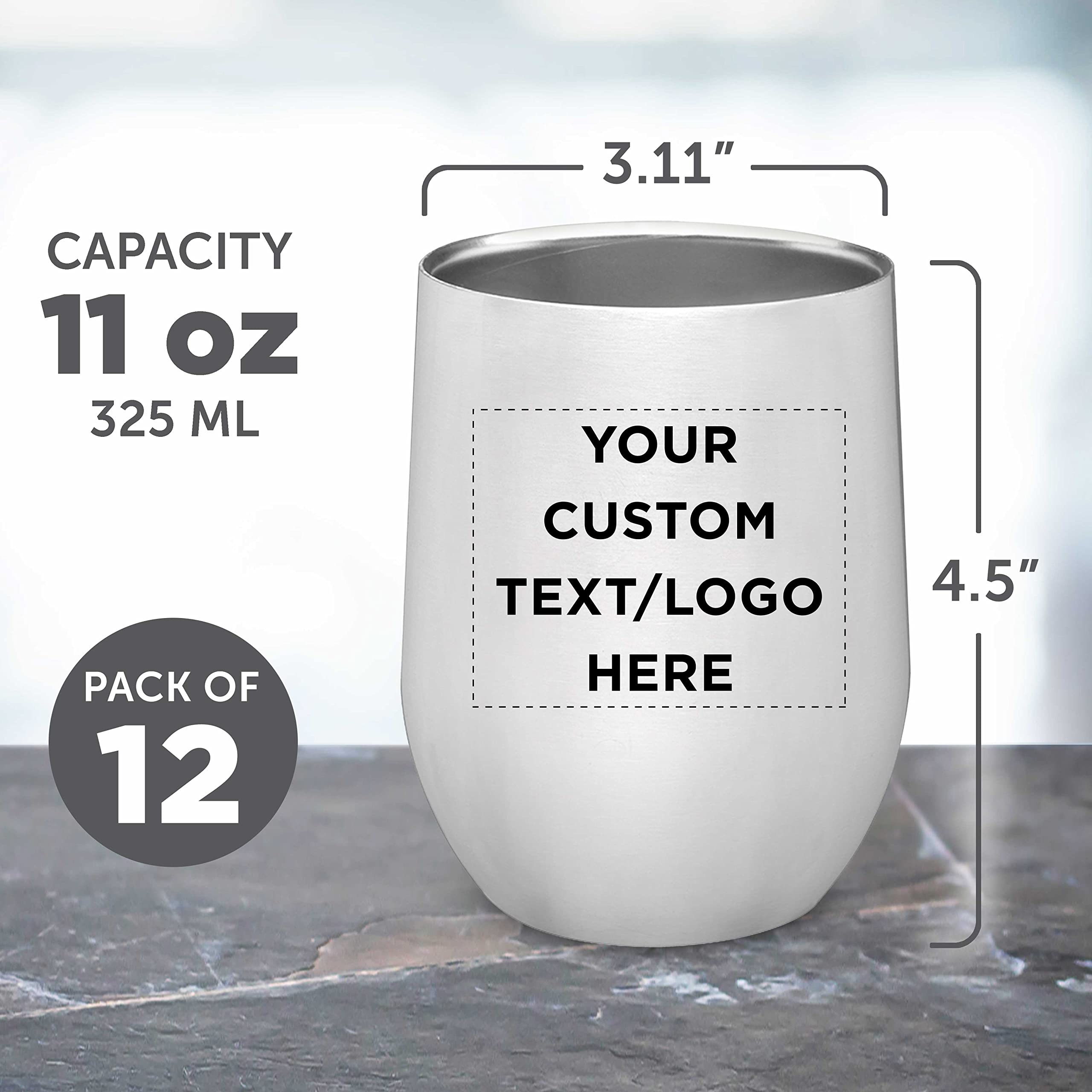 Personalized Stainless Steel Stemless Wine Glasses Set of 12 (11 oz) - Custom Engraved Bulk Pack for Wine, Cocktails, Beer & Beverages - Dishwasher Safe Silver Cups - Perfect for Parties, Weddings, Gifts & Home Bar Use