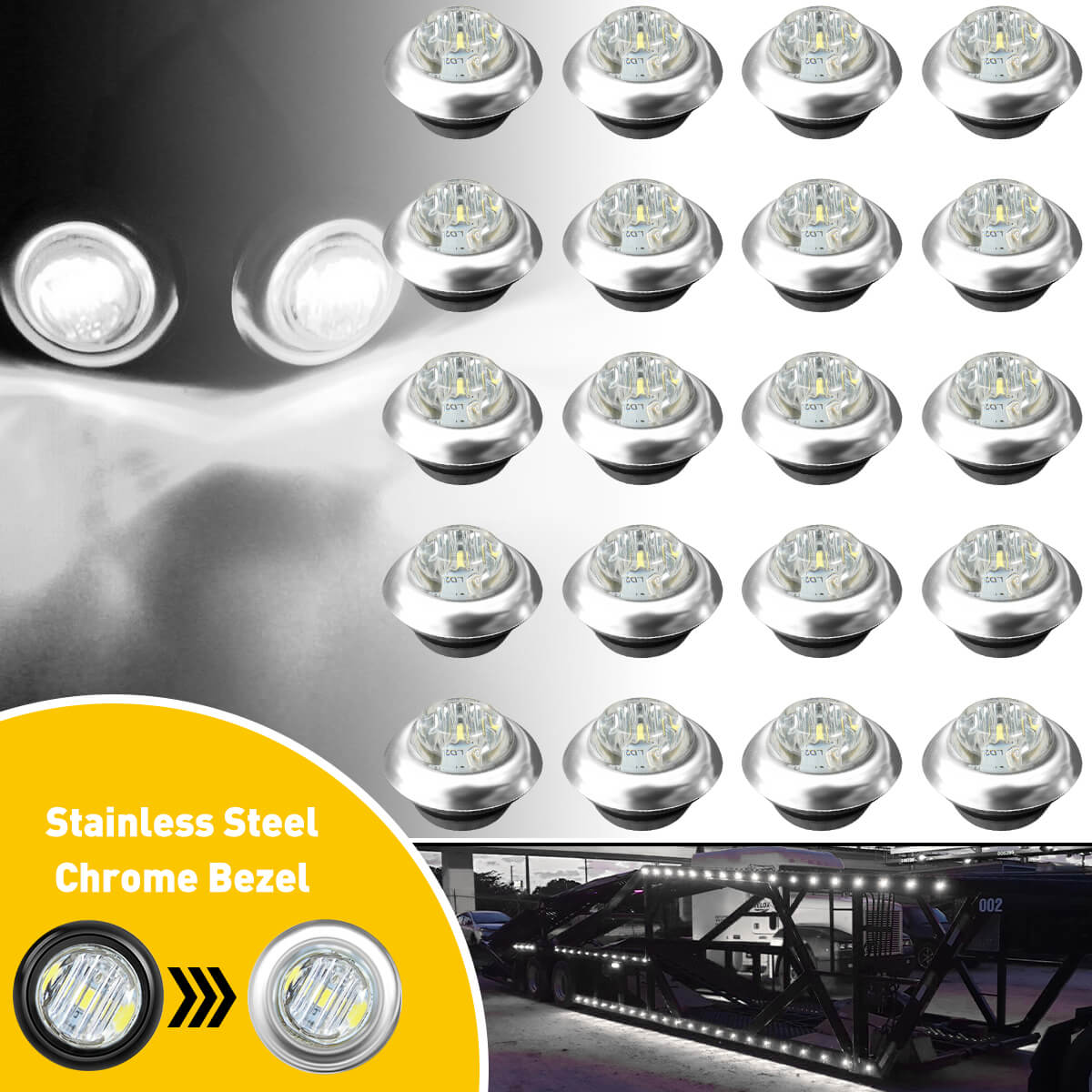 20PCS 0.75 Inch Round LED Side Marker Lights with Stainless Steel Chrome Bezel Covers - Amber/Red Waterproof Truck Trailer Lights for Semi, RV, Boat & Off-Road Vehicles - DOT Compliant Safety Lighting