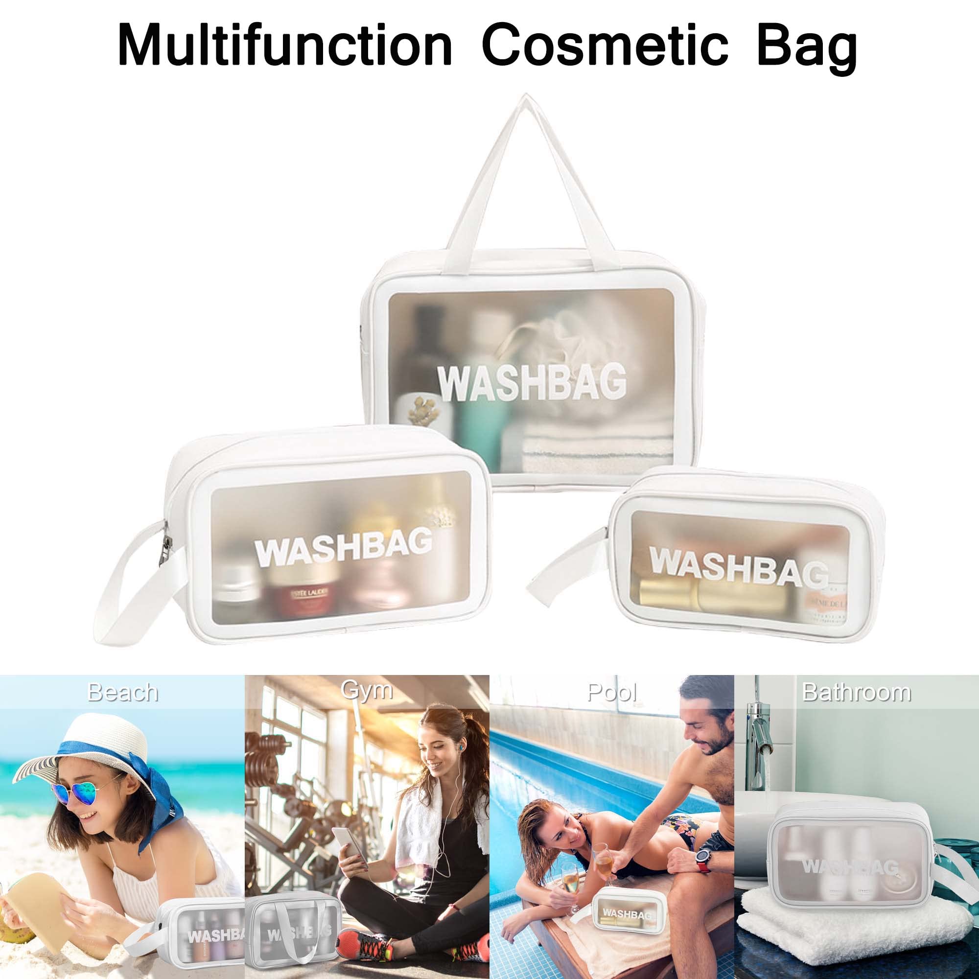 Waterproof Translucent Toiletry Bag Set for Women - 3-Piece Travel Cosmetic & Makeup Organizer for Bathroom, Gym, and On-the-Go Essentials (White) | Perfect for Air Travel, Weekend Getaways & Daily Use