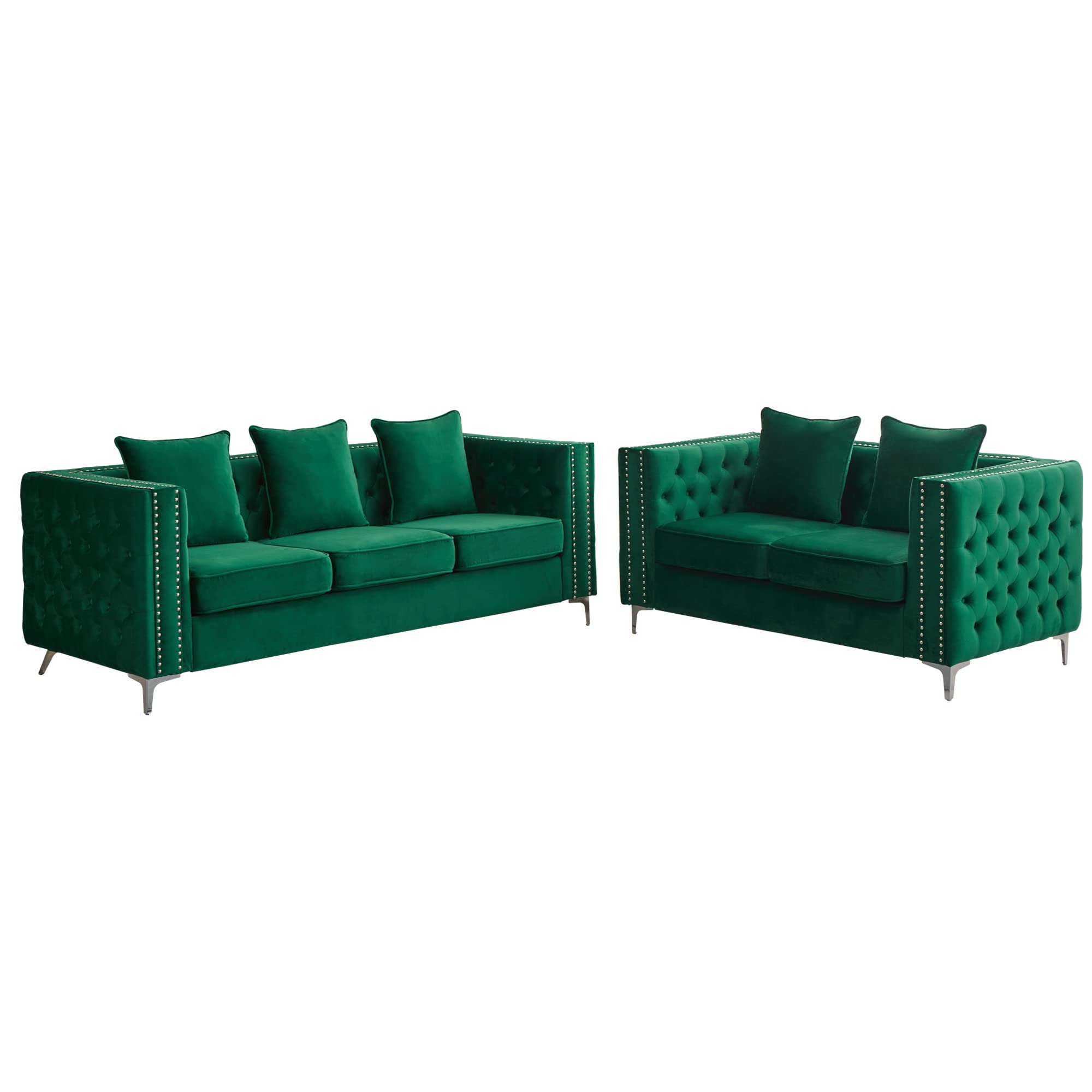 Mid-Century Modern Velvet Sofa Set - 2 Piece Tufted Couch & Loveseat with Metal Legs for Living Room, Office, Bedroom - Green | Stylish Home Decor for Small Spaces & Apartments