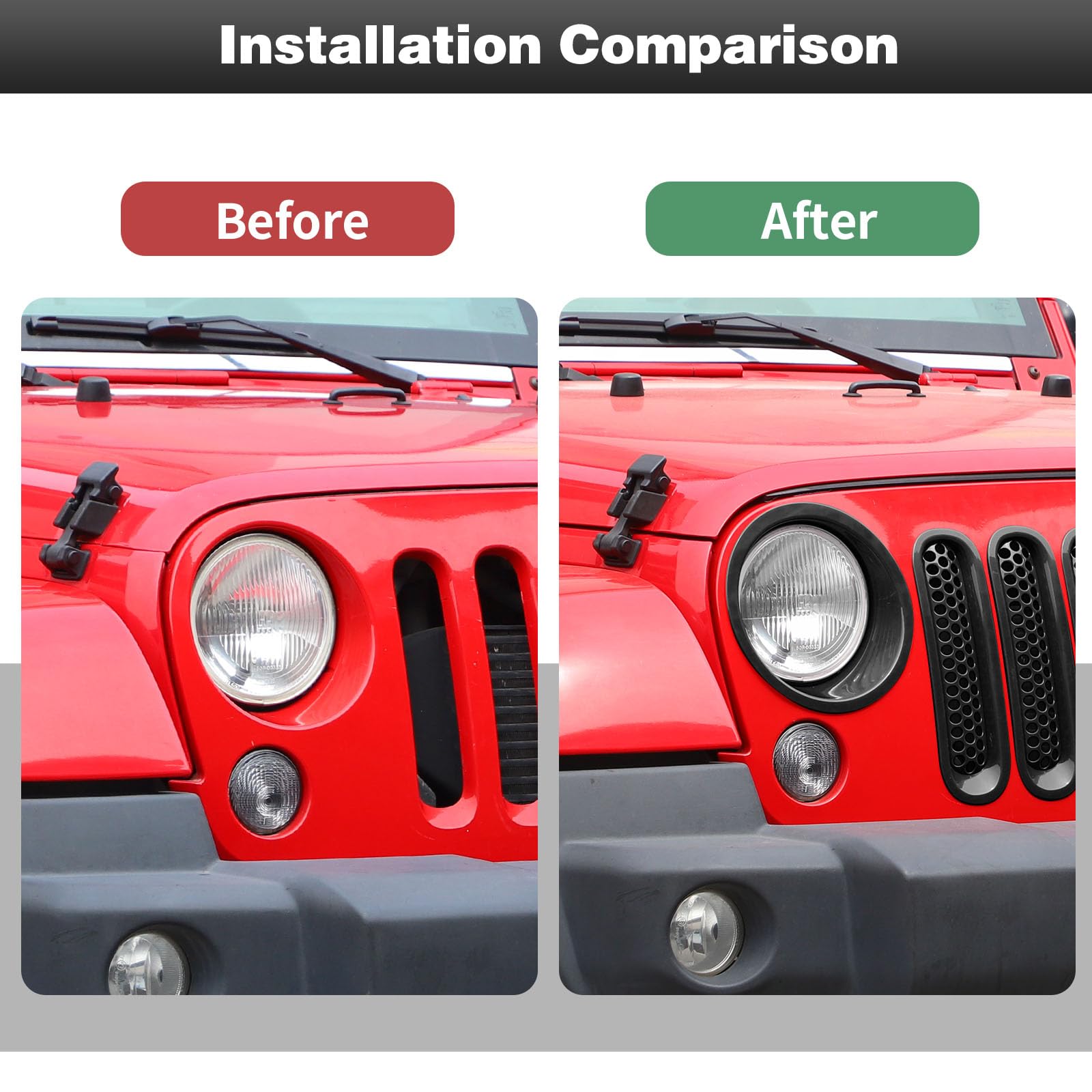 CheroCar Black Mesh Grille Insert & Headlight Cover Trim for Jeep Wrangler JK 2007-2017 - Durable Exterior Accessories for Off-Road & Daily Driving