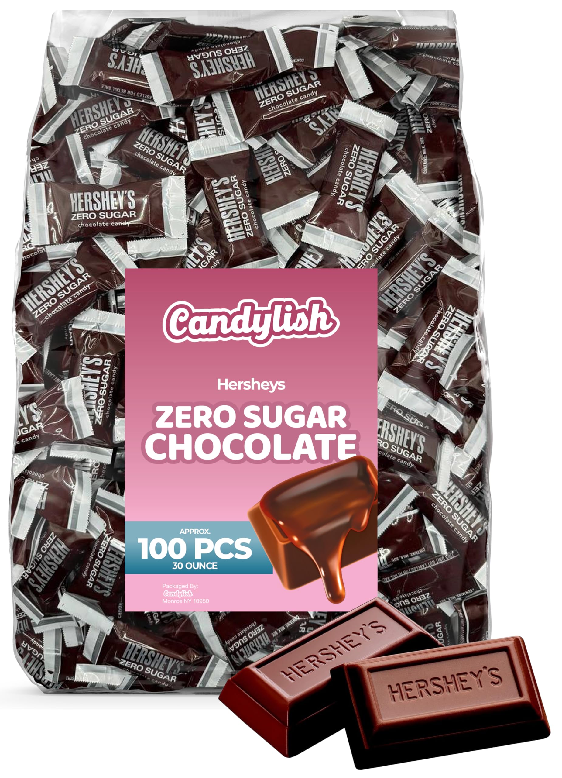 Hershey's Zero Sugar Milk Chocolate Candy Bars - 30oz Bulk Pack (100 Pieces) | Low Carb Keto Friendly Snacks for Parties, Gifts & Desserts