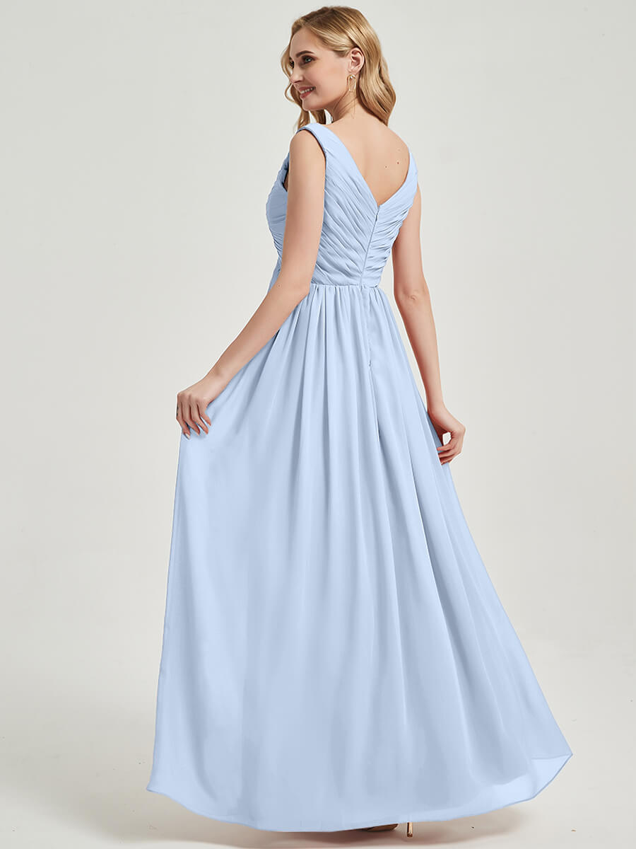 Cornflower Blue V-Neck Sleeveless Empire Waist Maxi Chiffon Bridesmaid Dress - Elegant Formal Gown for Weddings, Prom & Special Occasions