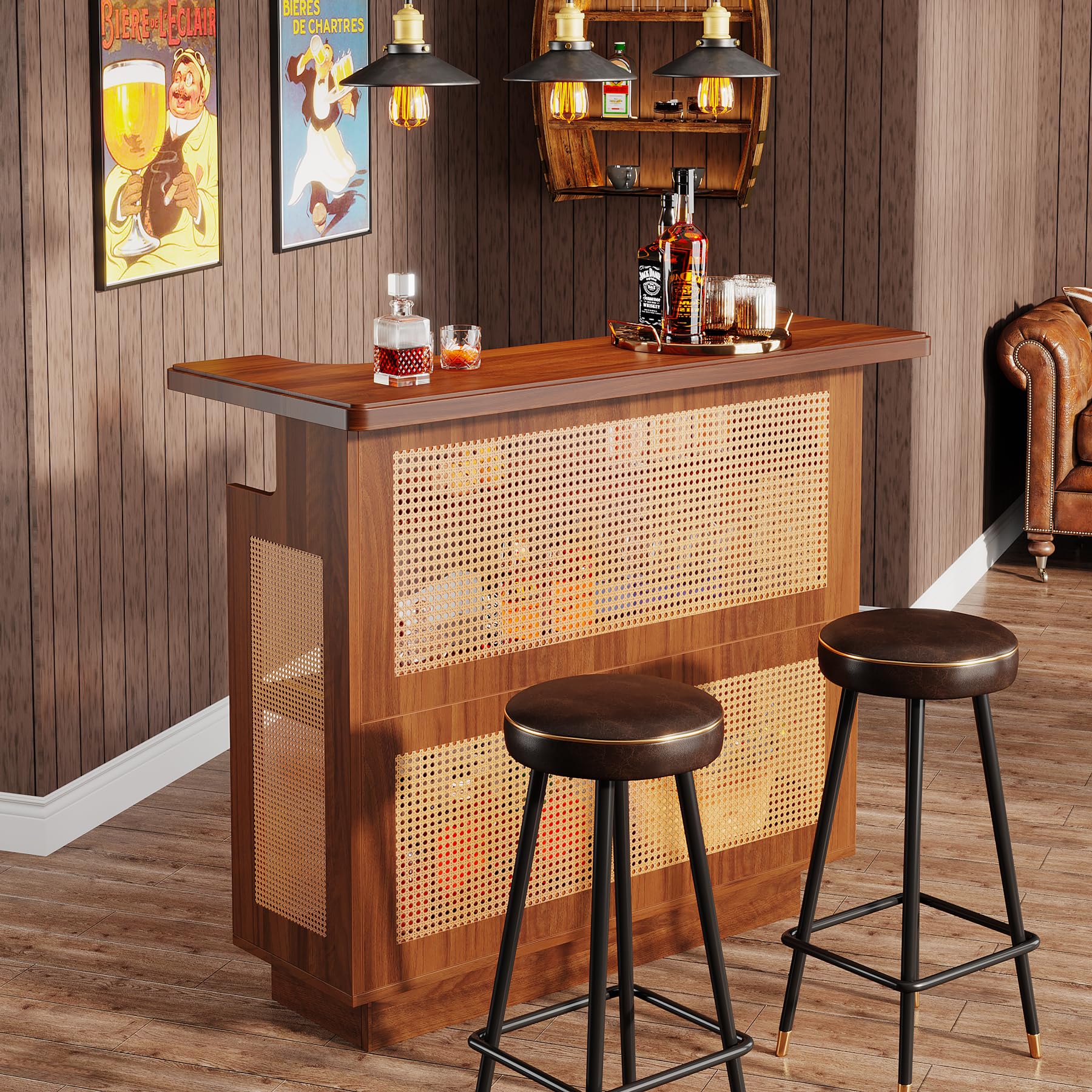Tribesigns 4-Tier Home Bar Cabinet with Wine Racks & Glass Holder - Rustic Farmhouse Mini Bar Table for Kitchen, Living Room, or Pub - Perfect for Entertaining & Storing Liquor Bottles - Caramel Brown