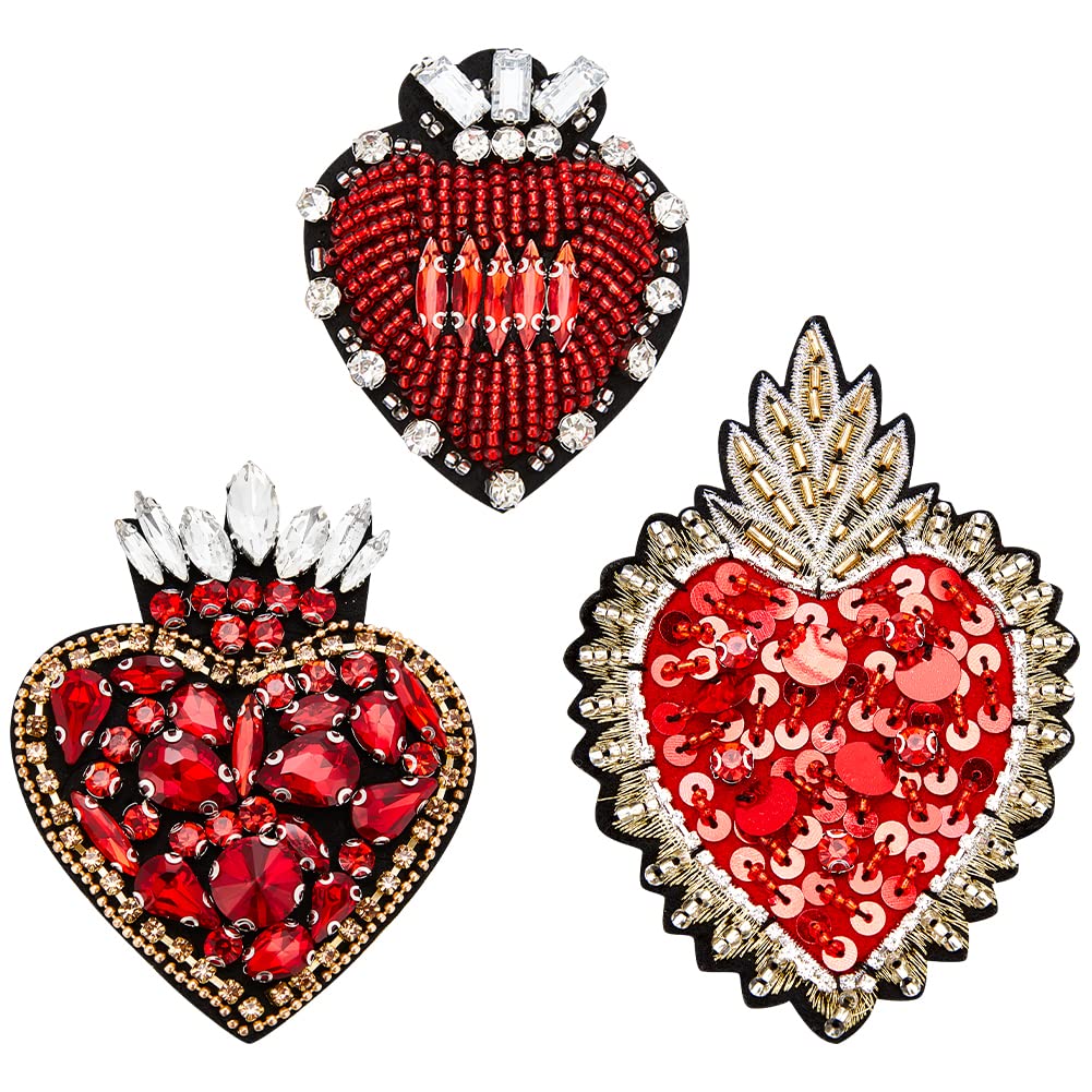 INFUNLY 3pcs Heart Rhinestone Bead Patch - Red Crystal Sew On DIY Decorative Patches for Dress, Jeans, Jackets & Handbags - Handmade Bling Applique for Fashion & Craft Projects