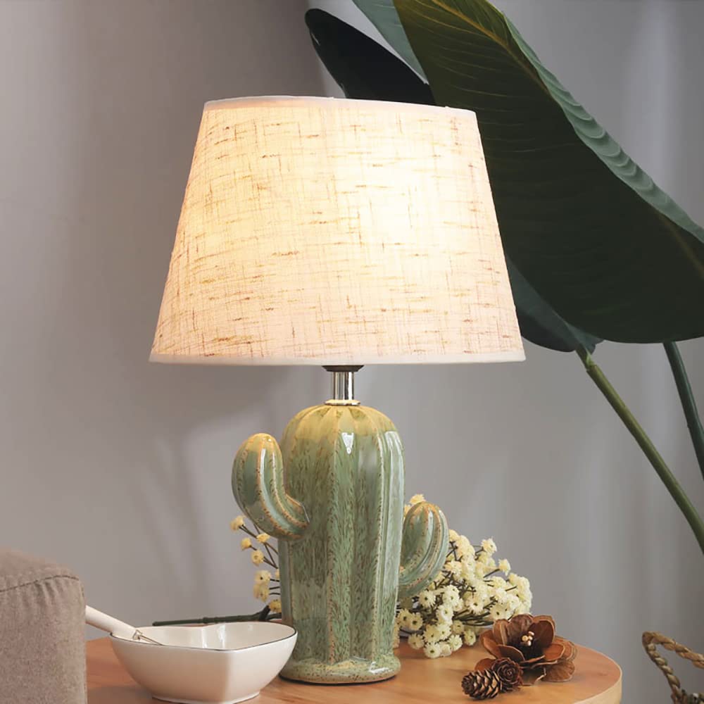 Modern Cactus Desk Lamp with Fabric Lampshade & Ceramic Base - Cute Night Light for Bedroom, Office, or Nursery - Perfect for Reading, Working, and Creating Cozy Ambience