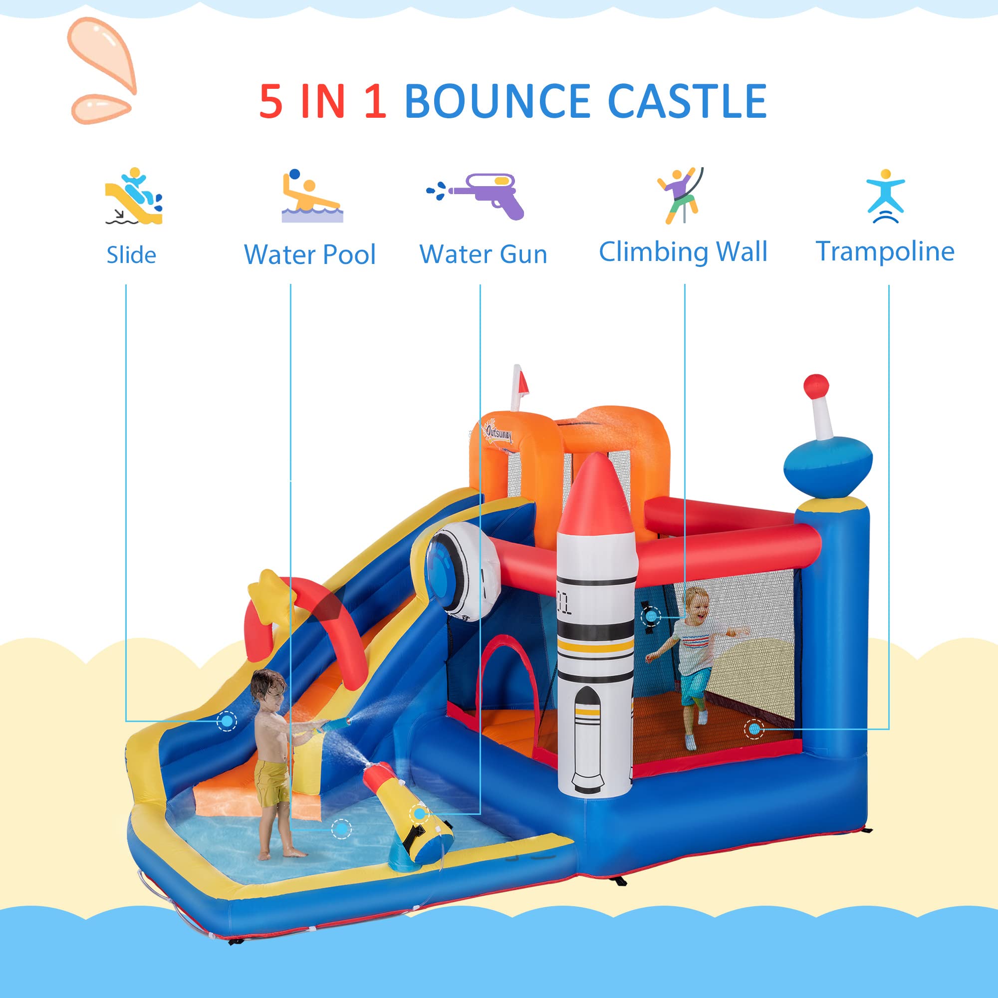Outsunny 5-in-1 Inflatable Bounce House with Water Slide, Pool, Water Cannon & Climbing Wall - Kids Outdoor Water Play Toy for Backyard, Birthday Parties & Summer Fun - Includes Air Pump (Jumping Castle)