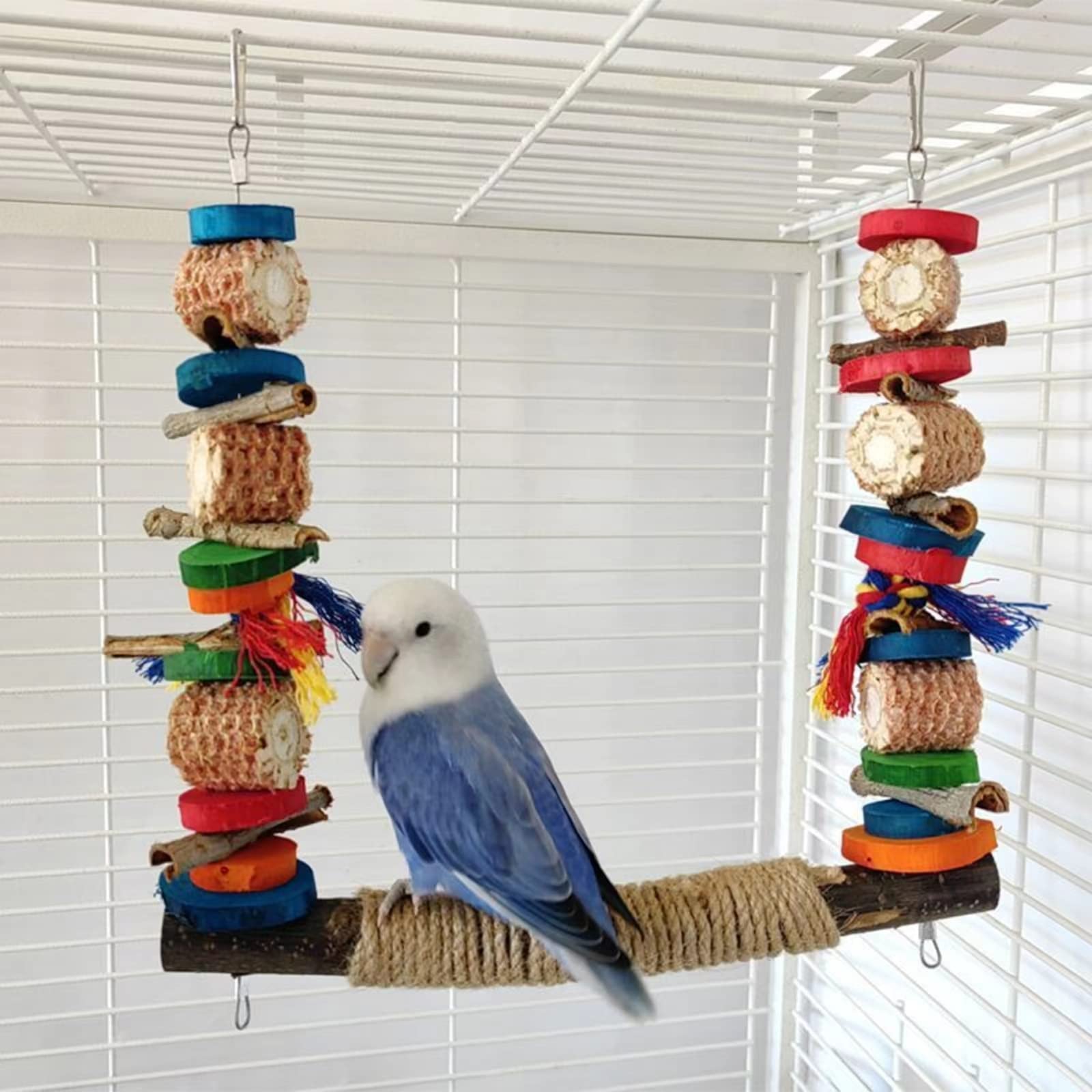 Natural Wooden Parakeet Swing - Safe Chewable Bird Cage Toy for Conures, Budgies, Finches, Parrots | Hanging Perch & Play Gym for Small & Medium Birds | Perfect for Cage Enrichment & Exercise